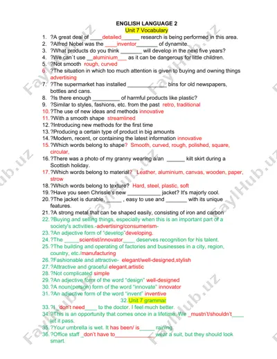english language unit 7 vocabulary — DOCX