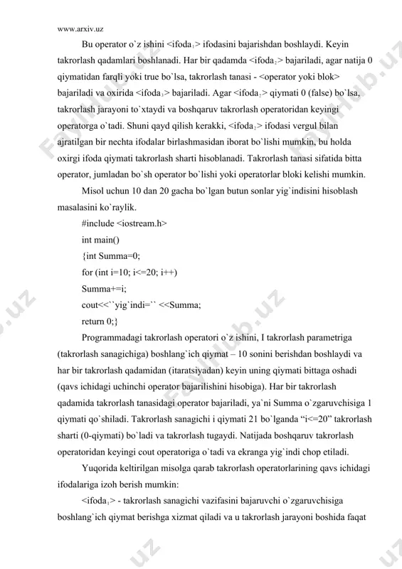 ar bir raqami takrorlash operatorlari yordamida hosil qilinadi. birinchi, tashqi takrorlash operatori bilan 2-xonadagi raqam (a2 takrorlash parametri) hosil qilinadi. ikkinchi, ichki takrorlash operatorida (a1 takrorlash parametri) son ko`rinishining 1-xonasidagi raqam va nihoyat, unga nisbatan ichki bo`gan a0 parametrli takrorlash operatorida 0-xonadagi raqamlar hosil qilinadi. har bir tashqi takrorlashning bir qadamiga ichki takrorlash operatorining to`liq bajarilishi to`g`ri keladi. while takrorlash operatori:[1(99-100), 3(41-43), 4(56)] while takrorlash operatori, operator yoki blokni takrorlash sharti yolg`on (false yoki 0) bo`lguncha takror bajaradi. u quyidagi sintaksisga ega: while ( ) ; agar rost qiymatli o`zgarmas ifoda bo`lsa, takrorlash cheksiz bo`ladi. xuddi shunday, takrorlash boshlanishida rost bo`lib, uning qiymatiga takrorlash tanasidagi hisoblash ta`sir etmasa, ya`ni uning qiymati o`zgarmasa, takrorlash cheksiz bo`ladi. while takrorlash shartini oldindan tekshiruvchi takrorlash operatori hisoblanadi. agar takrorlash boshida yolg`on bo`lsa, while operatori tarkibidagi qismi bajarilmasdan cheklab o`tiladi. ayrim hollarda qiymat berish operatori ko`rinishida kelishi mumkin. bunda qiymat berish amali bajariladi va natija …