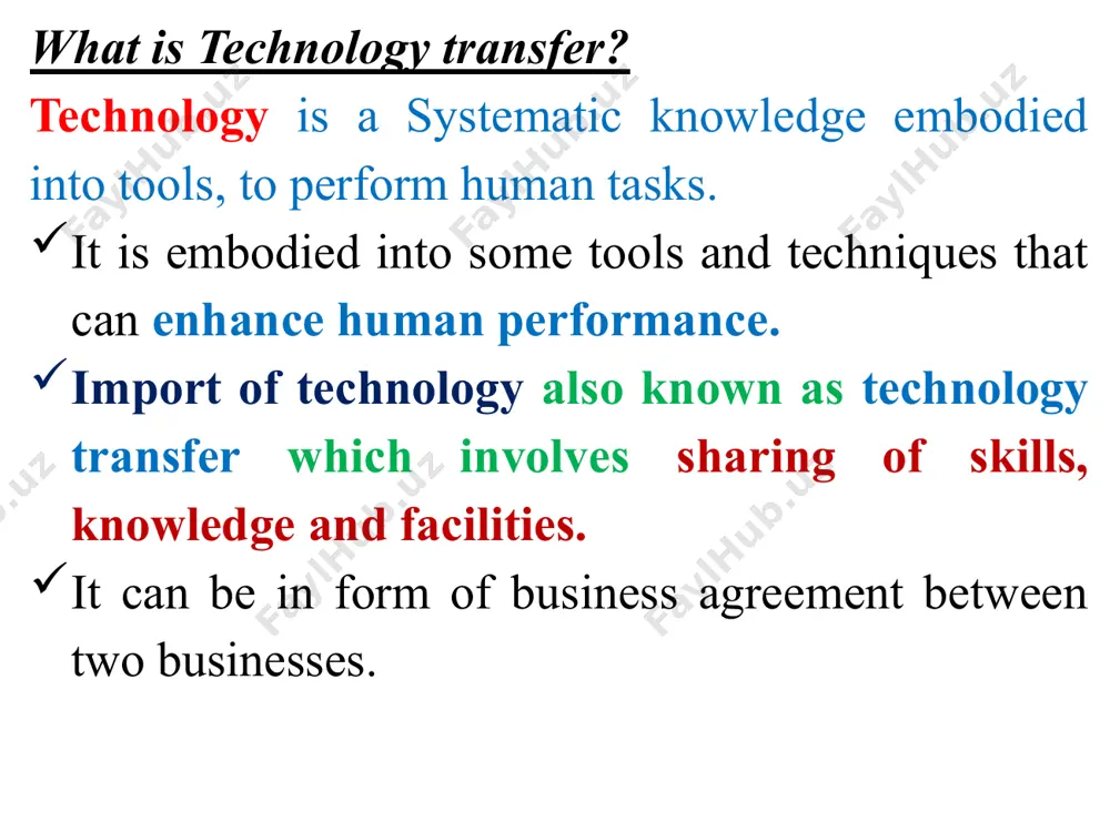 hanisms of technology transfer can occur along three pathways. the direct pathway: results in the exchange of products or processes, or collaborative research agreements for developing technologies. the indirect pathway: results in dissemination of knowledge through such mechanisms as publications, conferences, and seminars. the network pathway: creates networks that may facilitate transfer through other two pathways. 9 multinational enterprises/corporations: it is a companies that manufacture and market the products or services in several countries. features of mncs: single managerial control: controlled by a single managerial authority. global perspective: presumed to possess a global perspective. integrated worldwide business systems offers new markets for products or services role of mncs for developing countries: capital: the basic need for developing countries and structure of the economic system. transfers of technology: it is the movement of technology to produce goods and for communication purposes. increases level of integration with different countries modern work practices …