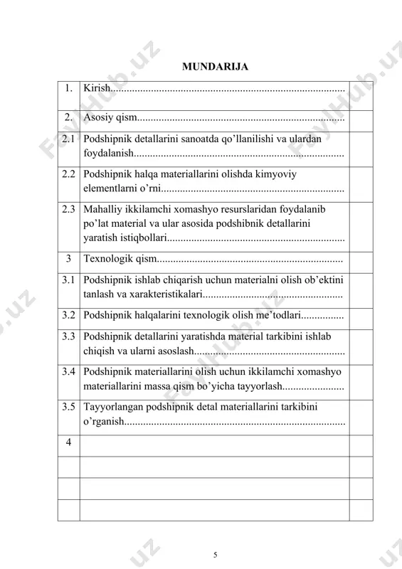 ratish va ular asosida mahsulotlar olishda resurs tejamkor texnologiyani ishlab chiqishga alohida e’tibor berilmoqda. respublikamizda podshipniklarni tayyorlashda mexanik ishlov berish va mahsulotlar olish keng yo’lga qo’yilgan bo’lib, mahalliy xom ashyolardan olinadigan metall kompozitsion materiallarini qo’llash, resurs tejamkorlikni ta’minlovchi mavjud texnologiyalarni takomillashtirish bo’yicha ilmiy tadqiqotlar olib borilib, muayyan natijalarga erishilmoqda. o’zbekiston respublikasini yanada rivojlantirish bo’yicha harakatlar strategiyasida, jumladan «makroiqtisodiy barqarorlikni mustahkamlash va yuqori iqtisodiy o’sish sur’atlarini saqlab qolish, milliy iqtisodiyotning raqobatbardoshligini oshirish, iqtisodiyotda energiya va resurslar sarfini kamaytirish, ishlab chiqarishga energiya tejaydigan texnologiyalarni keng joriy etish» bo’yicha muhim vazifalar belgilab berilgan. bu borada, jumladan mashinasozlikda qo’llaniladigan podshipniklar uchun maxalliy xomashyo va energetik resurslardan oqilona foydalanib, materiallaridan sifatli mahsulotlar olish usullarini ishlab chiqish, quyma usulda olinayotgan mahsulotlarning dizayni va tannarxini dunyo standartlariga moslashtirish, mahalliy xom ashyolarni qo’llashda resurstejamkor texnologiyalarni ishlab chiqish muhim ahamiyatga ega. o’zbekiston respublikasi prezidentining 2017 yil 7 fevraldagi pf-4947-son “o’zbekiston respublikasini yanada rivojlantirish bo’yicha harakatlar strategiyasi to’g’risida”gi farmoni, 2016 …