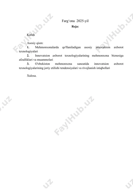 allashtiradi va daromadni o'rtacha 15-20% ga oshirishi mumkin (ota insight ma'lumotlari). ai-ga asoslangan chatbotlar va virtual yordamchilar mijozlarning 90% gacha oddiy so'rovlariga 24/7 rejimida javob berishi, bron qilish jarayonini tezlashtirishi va mijozlarga xizmat ko'rsatish xarajatlarini 35% ga kamaytirishi mumkin (pwc). mijozlarning sentimentini tahlil qilish uchun ai vositalari mehmonxonalarga onlayn sharhlar va ijtimoiy media postlaridagi fikr-mulohazalarni tushunishga yordam beradi va xizmat sifatini yaxshilash bo'yicha aniq choralar ko'rish imkoniyatini beradi. internet buyumlari (iot) mehmonxonalarda operatsion samaradorlik va mijozlar qulayligini oshirish uchun keng qo'llanilmoqda. aqlli xonalardagi iot sensorlari harorat, yorug'lik va namlikni avtomatik ravishda boshqarib, energiya sarfini 25-40% ga kamaytirishi mumkin (siemens building technologies). harakat sensorlari va real vaqtda aktivlarni kuzatish tizimlari uy xo'jaligi va texnik xizmat ko'rsatish xodimlarining ishini optimallashtiradi va javob berish vaqtini o'rtacha 20% ga qisqartiradi (verdantix). oshxonalarda iot-ga asoslangan inventarizatsiya boshqaruvi oziq-ovqat chiqindilarini 10% ga kamaytirishi va xarajatlarni nazorat qilishni yaxshilashi mumkin (kitchentech). katta ma'lumotlar tahlili (big data analytics) …