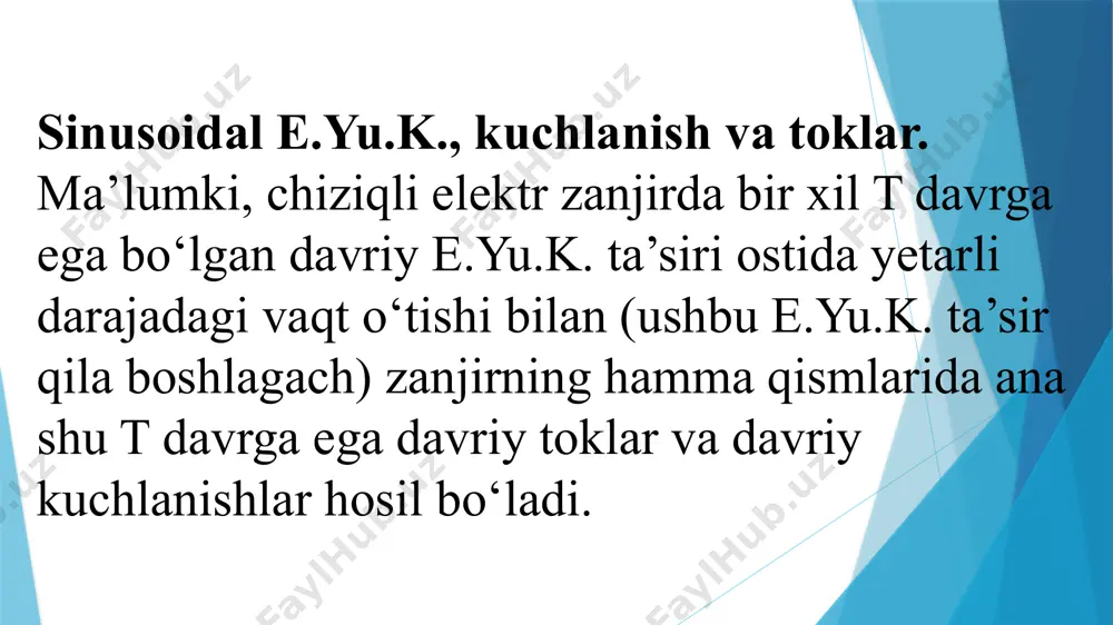 g qiymatlari to‘g‘risida ularning davr oralig‘idan o‘rta kvadratik qiymatlari: e, u, i deb belgilanadigan qiymatlarga qarab baho beriladi. ularning matematik ifodalanishi quyidagi formulalarda keltirilgan: keltirilgan qiymatlar davriy e.yu.k., kuchlanish va toklarning joriy (amaldagi) qiymatlari deb ataladi. e’tiboringiz uchun rahmat image1.png image2.png image3.png image4.png image5.png image6.png image7.png image8.png image9.png /docprops/thumbnail.jpeg