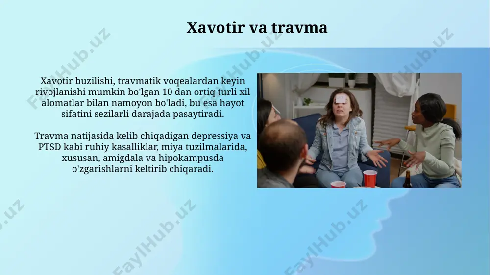 ss buzilishi (tksb) diagnostik mezonlariga javob beradigan bemorlarning 70% gacha depressiya alomatlarini namoyon qiladi, bu esa qo'shma kasalliklarning yuqori darajasini ko'rsatadi. depressiya tashxisi qo'yilgan bemorlarda travmatik voqealar 2-3 baravar ko'proq uchraydi, bu esa ruhiy salomatlikning yomonlashuviga va davolashning murakkablashuviga olib keladi. travma va miya rivojlanishi bolalik davrida olingan travmalar miyaning prefrontal korteks va amigdala kabi muhim sohalarining rivojlanishiga salbiy ta'sir koʻrsatib, xotira, his-tuygʻularni boshqarish va ijtimoiy munosabatlarni buzishi mumkin. travma natijasida miyada 20% ga yaqin neyronlarning halok boʻlishi kuzatilib, bu esa keyinchalik turli xil ruhiy kasalliklarning, jumladan, ptsdning rivojlanishiga sabab boʻladi. davolash va reabilitatsiya “davolash va reabilitatsiya” jarayonida 50% dan ortiq bemorlarda psixoterapiya va dori-darmonli davolashning kombinatsiyasi ijobiy natijalar beradi, bu esa tiklanish vaqtini qisqartiradi. travmatik stress buzilishiga chalinganlarning 70% gacha bo'lgan qismi reabilitatsiya dasturlarida, jumladan, kognitiv-xulq terapiyasi (kxt) va emdr (ko'z harakatlari bilan desensitizatsiya va qayta ishlash) kabi usullarni qo'llagan holda, sezilarli yaxshilanishlarni ko'rsatadi. e'tiboringiz uchun rahmat @taqdimot_robot image2.jpg …
