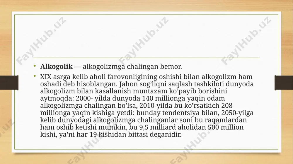 gik moyillik (yoki jismoniy omil). bunday fikrlar mavjud bo’lgan va hozirda ham mavjud. o’zgarishi va mutatsiyalari spirtli ichimliklarni iste’mol qilish darajasi va alkogolizm xavfi bilan assotsiatsiyalanadigan genlar: adh1b. psixologik omil. markaziy asab tizimining depressanti bo’lib, alkogol qadimgi davrlardan buyon odam tomonidan ishlatilgan. zaif, yaxshi tashkillashmagan shaxs bu dunyoda o’zini tobora ko’proq yo’qotib qo’ymoqda va natijada ichkilikka berilib ketmoqda. ma’lum bir psixiatrik kasallikning fonida alkogolizasiya og’ir shakl hisoblanadi. giyohvandlik, narkomaniya, bangilik — narkotik moddalarga oʻrganib qolish, ruju qilish, aniqrogʻi tabiiy yoki sintetik zaharli moddalar (ayrim dori moddalari)ni vaqtincha yoki surunkasiga isteʼmol qilish natijasida kelib chiqadigan kasallik holati. g. organizm somatik va ruhiy holatining chuqur oʻzgarishiga sabab boʻladi va giyohvandni tanazzulga olib boradi. g.da oʻzini toʻxtatib boʻlmaydigan darajada giyohvand moddalarni isteʼmol qilish mayli paydo boʻladi, giyohvand moddaning miqdoriga nisbatan ehtiyoj, ruhiy va jismoniy bogʻliqlik ortib boradi. g. asta-sekin boshlanib, surunkali davom etadi. giyohvand moddalar dastlab xushnudlik, dimogʻchogʻlik, xotirjamlik hissini uygʻotib, kayf qildiradi, …