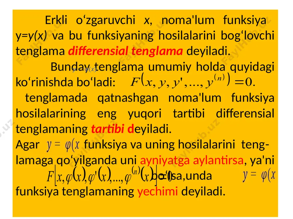 nglamaning umumiy yechimi shu tenglama xususiy yechimi bilan tenglamaning umumiy yechimi yig‘indisiga teng bo‘ladi ikkinchi tartibli o‘zgarmas koeffitsientli bir jinsli chiziqli differensial tenglamalar ta'rif. o‘zgarmas koeffitsientli bir jinsli differensial tenglama deb y" + py' + qy = 0 ko‘rshishdagi tenglamaga aytiladi, bunda p va q - o‘zgarmas haqiqiy sonlar. yuqoridagi teoremalarga asosan bu tengla-maning umumiy yechimini topish uchun uning ikkita chiziqli erkli xususiy yechimini topish yetarlidir. tenglamani yechish uchun y= ekx deb faraz qilamiz, bu yerda k - nolga teng bo‘lmagan o‘zgarmas son. hosilalarni topamiz: y' = k ekx y’’ = k2 ekx bularni tenglamaga keltirib quyamiz: k2ekx + p kekx + q ekx = 0 bo ‘lgani uchun tenglamadan k2 + p k + q = 0 hosil bo‘ladi. demak, k tenglamani qanoatlantirsa, ekx tenglamaning yechimi bo‘ladi. bu tenglama berilgan tenglamaning xarakteristik tenglamasi deyiladi. oxirgi tenglama ikkita ildizga ega bo‘ladi, ularni k1 va k2 bilan belgilaymiz: bu yerda quyidagi …