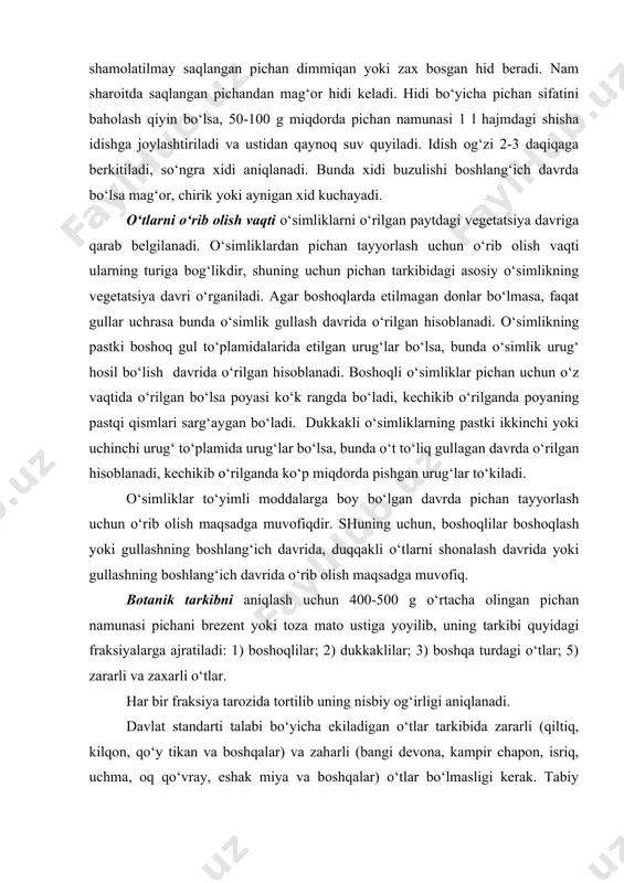 ‘y tikan va boshqalar) va zaharli (bangi devona, kampir chapon, isriq, uchma, oq qo‘vray, eshak miya va boshqalar) o‘tlar bo‘lmasligi kerak. tabiy o‘tlardan tayyorlangan pichanlar tarkibida zararli va zaharli o‘tlar 1 sinif uchun 0,5% dan, 2 va 3 siniflar uchun 1% dan oshmasligi lozim. agar pichanda zararli va zaharli o‘tlar miqdori 1% dan yuqori bo‘lsa yoki tarkibida mag‘or, ko‘lansa hamda chirik alomatlari bo‘lsa qishloq xo‘jalik hayvonlarni oziqlantirishga yaroqsiz hisoblanadi. pichan namligi davlat standarti bo‘yicha 17% dan, qish mavsumida 20% dan oshmasligi kerak. pichan namligini laboratoriya sharoitida zootexnikaviy tahlili bo‘yicha yoki xo‘jalik sharoitida organoleptik usul bilan aniqlash mumkin. laboratoriyada sharoitida, o‘rtacha namuna olingan pichan maydalaniladi va 5-10 g (aniqligi 0,1 g gacha) atrofida tarozida tortiladi. sungra, quritgich shkafida 30-40 daqiqa davomida 1300s xaroratda quritish yo‘li bilan aniqlanadi. xo‘jalik sharoitda namligi aniqlash uchun bir siqim pichan qo‘lga olinib, uni qo‘lda qismlab va burab ko‘riladi. agar pichan quruq bo‘lsa (15% gacha) qo‘lga qattiq …