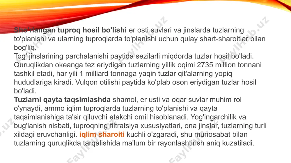 uchun qulay sharoitlar mavjud. ba'zida soda hosil bo'lishi va sho'rlanishning sodali turi bilan tuproqlarning shakllanishi mumkin. shoʻrlangan tuproqlar past, oʻrta va koʻp shoʻrlangan, shuningdek, shoʻr, shoʻr, solodlarga boʻlinadi. bir oz shoʻrlangan tuproqlarda suvda 0,25-0,4%, oʻrtacha shoʻrlanganda 0,4-0,7%, kuchli shoʻrlanganda 0,7-0,1% boʻladi. tuzlarning tarkibi har xil va hosil bo'lish sharoitiga bog'liq... er yuzasida nacl va na2so4 ni o'z ichiga olgan xlorid-sulfat sho'r botqoqlari boshqalarga qaraganda tez-tez uchraydi. nacl sho'rlangan sho'r botqoqlarda sirt qobiq bilan qoplangan. madaniy o'simliklar sho'r botqoqlarda o'smaydi. ular uchun eng zararli, sho'r botqoq yuzasida ko'p miqdorda soda mavjud bo'lganda, tuproqning sodali sho'rlanishi. solonetz tuproq deb ataladi, unda illyuvial gorizontning tuproqni yutuvchi majmuasi almashinadigan natriyning singdirish qobiliyatining 20% ​​dan ko'prog'ini o'z ichiga oladi. foydalanilgan adabiyotlar ro’yxati: 1.ramazonov o., o.yusupbekov. “tuproqshunoslik va dehqonchilik” – toshkent: sharq, 2005. 2.atabayeva h., o.qodirxо‘jayev. о‘simlikshunoslik.– toshkent: yangi asr avlodi, 2006. 3.atabayeva h., z.umarova va boshqalar. о‘simlikshunoslik (о‘quv qо‘llanma). – toshkent: о‘zbekiston milliy ensiklopediyasi, 2004. …