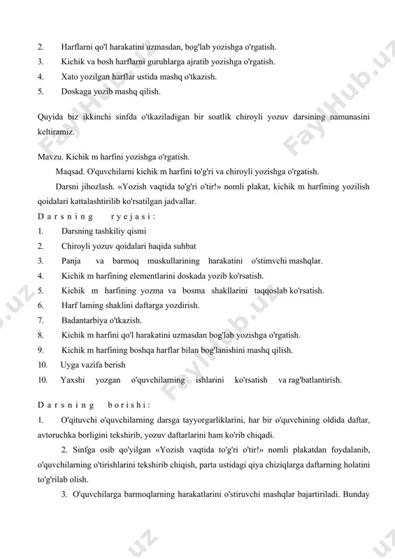hirib chiqish, parta ustidagi qiya chiziqlarga daftarning holatini to'g'rilab olish. 3. o'quvchilarga barmoqlarning harakatlarini o'stiruvchi mashqlar bajartiriladi. bunday mashqlarni partada o'tirgan holda bajartirish mumkin. chunonchi, qo'llarimizni oldinga uzatib, barmoqlarimizni ochamiz, ikki deganda, barmoqlarimizni yopamiz. (bu mashq 6-7 marta takrorlanadi). 4. bugun kichik m harfini yozishni mashq qilamiz. o'qituvchi doskada kichik m harfi kattalashtirilib chizilgan plakatdan foydlanib, uning elementlarini va qanday yozilishini tushuntirib beradi. shundan so'ng m harfini doskaga yozib ko'rsatadi. o'quvchilar esa uning yozilishini diqqat bilan ko'zatadilar. o'qituvchi doskada harf elementlarini tushuntirish bilan birga, uning bir butun shaklda yozilishini ham eslatib o'tadi. 5. o'qituvchi bosma va yozma m harfini bir-biri bilan solishtirib ko'rsatadi. o'quvchilarga kichik m harfining bosma va yozma shakllarini bunday taqqoslab ko'rsatishning ahamiyati katta, chunki ko'pchilik o'quvchilar ayrim harflarni kitobdagi bosma shakliga o'xshatib yozishga harakat qiladilar. 6. o'qituvchi m harfining birinchi elementini yana qayta doskada ko'rsatib beradi. shundan so'ng o'quvchilarga daftarlarida qizil siyoh bilan yozib ko'rsatilgan shu elemetni …