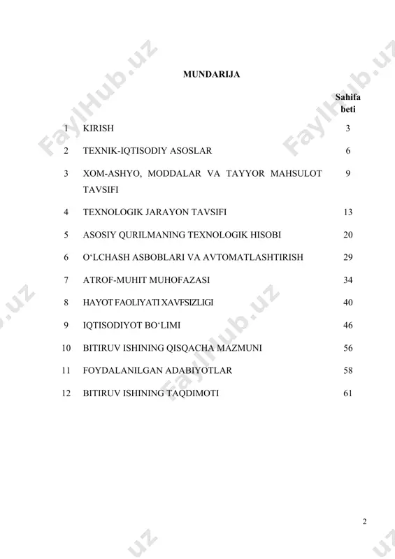 az majmuasi ochildi. umuman o`zbekistondagi neft va gazni qayta ishlash sohasini vujudga kelishiga nazar solsak xix-asrga kelibysid farg`ona vodiysida ochilgan dastlabki konlar asosida 1904-1906-yillarda o`zbekistonda 1-oltiariq neftni qayta ishlash zavodi ishga tushirildi. oltiariq neftni qayta ishlash zavodi asosan neftni birlamchi qayta ishlashga mo`ljallangan bo`lib, hozirgi kunda ishlab chiqarish quvvati 1,5 mln tonnani tashkil etadi. respublikamizda neftni qayta ishlash bilan birgalikda gazni qayta ishlash sohasiga ham katta e’tibor berildi. 1971-yilda muborak gazni qayta ishlash zavodi 1-ishga tushirildi. zavod asosan xalq xo`jaligi uchun eng arzon yoqilg`i-tabiiy gazni yetkazib beradi. muborak gazni qayta ishlash zavodining dastlabki quvvati yiliga 5mlrd m3tabiiy gazni qayta ishlagan, 1978-80-yillarda zavodning 2-va 3-navbati ishga tushirilib, quvvati yiliga 10mlrd m3 ni tashkil etadi.1984-yil 4-navbati ishga tushirildi. uning umumiy quvvati 25mlrd m3nitashkil etdi.hozirda 30mlrd m3ni tashkil etadi. respublikamizda neft kimyosi va organic sintez moddalar olishni ko`paytirish maqsadida 17-fevral 1998-yil, o`zbekneftgaz’’ va abb lummus global’’ va boshqa kompaniyalar o`rtasida gaz kimyo majmuasi …