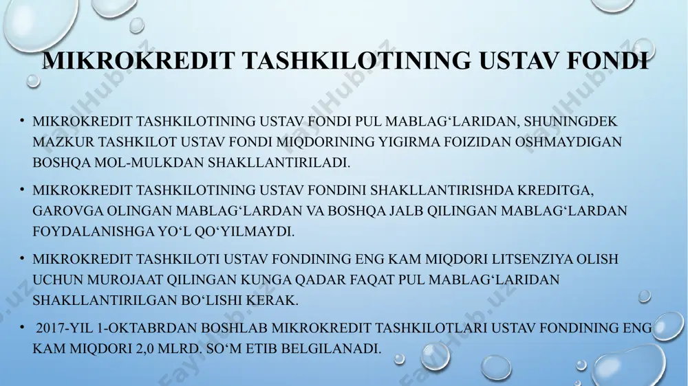 i o‘z mablag‘lari, shu jumladan olgan daromadlari; investorlar, shu jumladan chet ellik investorlar tomonidan investitsiya shartnomalari asosida berilgan mablag‘lar; banklarning kreditlari va davlat maqsadli jamg‘armalarining mablag‘lari; xalqaro moliya institutlari, nodavlat notijorat tashkilotlarining, shu jumladan chet el nodavlat notijorat tashkilotlarining grantlari va qarz mablag‘lari; qonun hujjatlarida taqiqlanmagan boshqa manbalar. xizmatlar t/r yillik% muddati miqdori (mlnso'm) 1 14% 3 oy 1_5 2 17% 6 oy 6_8 3 20% 1 yil 9_11 t/r turi muddati yillik% miqdori (mln) 1 mikrokredit 18 oygacha 27% 300 so'mgacha 2 mikroqarz 18 oygacha 27-30% 50 so'mgacha 3 mikrolizing 18 oygacha 27% 600 so'mgacha 4 faktoring 90 kungacha 27% 1000 so'mgacha e’tiboringiz uchun rahmat image3.png image4.jpeg image5.jpeg image6.gif image7.emf oleobject1.bin image8.png image9.png image10.jpg image11.png image12.jpg image1.png