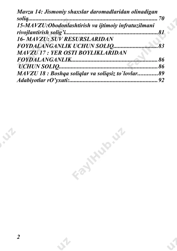 ng «mahalliy soliqlar to`g’risidagi qonunni qabul qilinishidan boshlandi. bu qonunlar bo`yicha chiqarilgan soliqlar yilma-yil takomillashtirilib borildi. nixoyat, 1997 yil 24 aprelda «o`zbekiston resbuplikasining soliq kodeksi» qabul qilindi. bu kodeks soliq va yig’imlar haqidagi yo`l- yo`riqlarni yagona xujjatga to`pladi. mustaqillikka erishilgandan so`ng soliqlar bo`yicha o`tkazilgan isloxatlarni ikki davrga bo`lish mumkin ya`ni, 1991-1994 va 1995-2000 yillar. 1994 yillarda asosiy e`tibor soliqlarning xazina funktsiyasiga qaratildi, ya`ni soliqlar byudjetni mablag’ bilan ta`minlash, uning daromadlar va harajatlar o`rtasidagi muvozanatni yaratishga qaratildi. ikkinchi bosqichda asosan e`tibor soliqlarning og’irligini kamaytirishga yo`naltirildi, ya`ni ko`pgina soliq turlari qisqartirildi yoki biriktirildi. ushbu ma`ruzalar matnida oxirgi yillarda soliq sohasida amalga oshirilgan o`zgarishlar ham yoritilgan bo`lib u « menedjment» , «iqtisodiyot» yo`nalishi bo`yicha o`qiyotgan bakalavrlarga va soliqlar bilan qiziquvchi keng auditoriyaga mo`ljallangan. mavzu 1.: soliq va soliqqa tortish fanining predmeti va o`rganish usullari. reja: 1.1 .soliqlarning ta`rifi. 1.2 .soliqlarning funktsiyalari. 1.3 soliqqa tortish: asosiy tushunchalar. 1.4.soliqlar tizimi fanining predmeti. 1.1 soliqlarning ta`rifi. …