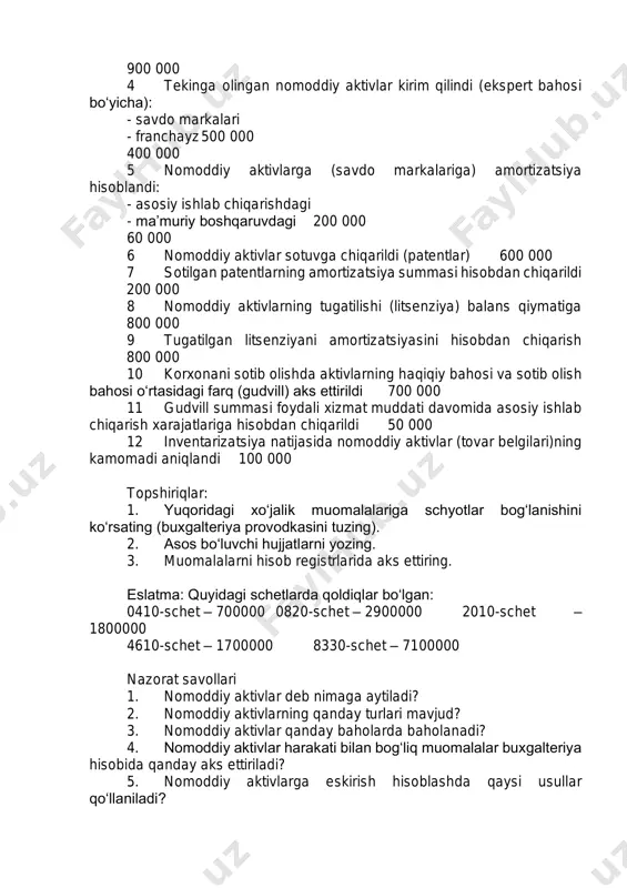 ya yozuvlari berish bilan birgalikda asos bo‘luvchi hujjatlarni yozish tartibini o‘rganish. fevral oyida “xasanboy-agronur” agrofirmasida quyidagi xo‘jalik muomalalari ro‘y bergan: № xo‘jalik muomalalarining mazmuni summasi, so‘m schyotlar bog‘lanishi asos bo‘luvchi hujjatlar dt kt 1 xarid qilingan nomoddiy aktivlar balansga kirim qilindi (dastlabki qiymati bo‘yicha): - patentlar - savdo markalari - ehm dasturlari 1 600 000 500 000 800 000 2 korxonaning o‘zida yaratilgan nomoddiy aktivlar haqiqiy qiymati bo‘yicha kirim qilindi: - mualliflik huquqi - dasturiy ta’minot - tovar belgisi 700 000 700 000 400 000 3 ustav kapitaliga ulush sifatida olingan nomoddiy aktivlar kirim qilindi: - litsenziyalar - sanoat namunalari 800 000 900 000 4 tekinga olingan nomoddiy aktivlar kirim qilindi (ekspert bahosi bo‘yicha): - savdo markalari - franchayz 500 000 400 000 5 nomoddiy aktivlarga (savdo markalariga) amortizatsiya hisoblandi: - asosiy ishlab chiqarishdagi - ma’muriy boshqaruvdagi 200 000 60 000 6 nomoddiy aktivlar sotuvga chiqarildi (patentlar) 600 000 7 …