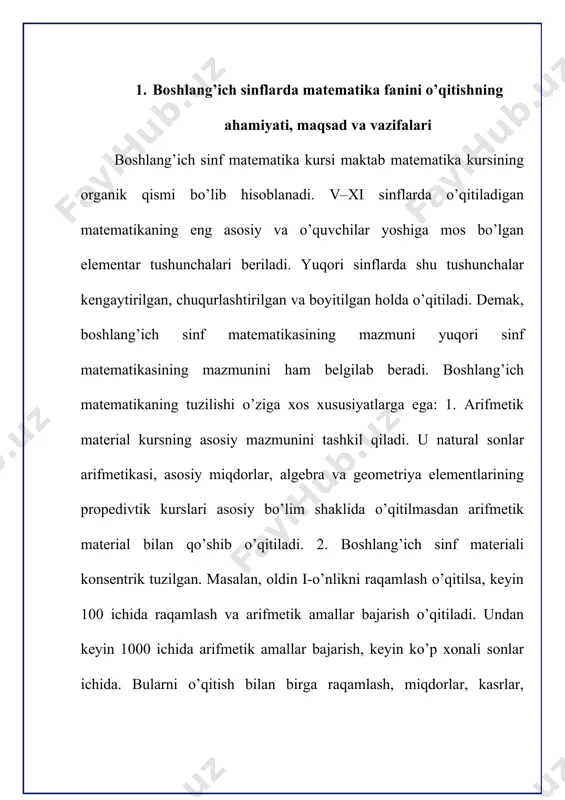 ri bilan komponentlari orasidagi bog’lanishlarni bilganlik asosida bajariladi. o’zgaruvchi bilan amaliy tekshirish o’quvchilarning funksional tasavvurlarini egallashlariga imkon beradi. geometrik material bolalarning eng sodda geometrik figuralar bilan tanishtirish, ularning fazoviy tasavvurlarini rivojlantirish, shuningdek, arifmetik qonuniyatlarni, bog’lanishlarni ko’rsatmali maqsadlariga xizmat qiladi. (masalan, to’g’ri to’rtburchakning teng kvadratlarga bo’lingan ko’rsatmali obrazidan ko’paytirishning o’rin almashtirish xossasini bog’lanishi ochib foydalaniladi...). 1-sinfdan boshlab to’g’ri va egri chiziqlar, kesmalar, ko’pburchaklar va ularning elementlari, to’g’ri burchak va hokozo kiritilgan. o’quvchilar geometrik figuralarni tasavvur qila olishni, ularni nomlari, katakli qog’ozga sodda yasashlarni o’rganib olishlari kerak. bundan tashqari, ular kesma va siniq chiziq uzunligini, ko’pburchak perimetrini, to’g’ri to’rtburchak, kvadrat va umuman har qanday figuraning yuzini (paletka yordamida) topish malakasini egallab olishlari kerak. o’qitish metodi tushunchasi. boshlang’ich sinflarda matematika o’qitishning maqsadlari quyidagilar: umumta’lim maqsadi, tarbiyaviy maqsadi, amaliy maqsadi. bu maqsadlar bir-biri bilan uzviy bog’liq bo’lib, bir-birini to’ldiradi. 1. ta’lim maqsadi o’qituvchidan quyidagilarni talab qiladi. a) o’quvchilarga matematik bilimlar tizimidan, bilim, malaka ko’nikma …