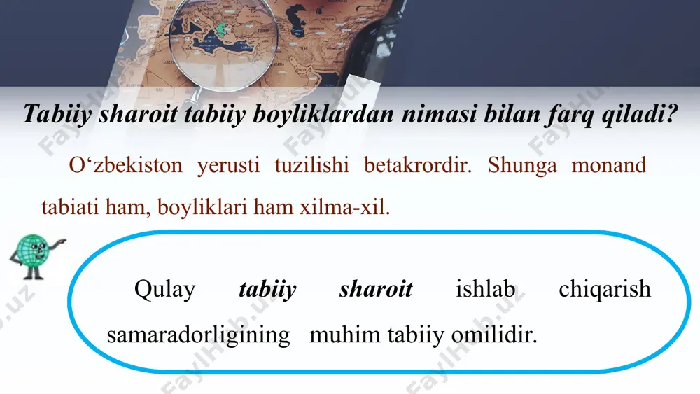 tining xomashyoga va yoqilg‘iga bo‘lgan ehtiyoji to‘xtovsiz ortib bormoqda. this presentation uses a free template provided by fppt.com www.free-power-point-templates.com hozirda tabiiy boyliklarning yarmiga yaqinidan foydalanilmoqda. shunday bo‘lsa-da, tabiiy boyliklar zaxirasidan tejab foydalanishimiz zarur. chunki yerosti boyliklari tugaydigan va tiklanmaydigan boylikdir. this presentation uses a free template provided by fppt.com www.free-power-point-templates.com tiklanmaydigan boyliklardan oqilona foydalanishning asosiy shartlari: konlardan qazilmalarni to‘liq qazib olish; atrof-muhitning buzilishiga yo‘l qo‘ymaslik; barcha qimmatli moddalardan majmuali-mukammal foydalanish; geologik qidiruv ishlarini tadrijiy davom ettirish; mahsulot birligiga sarf bo‘ladigan xomashyo va yoqilg‘ini tejaydigan texnika va texnologiyani qo‘llash. this presentation uses a free template provided by fppt.com www.free-power-point-templates.com tiklanmaydigan boyliklardan oqilona foydalanish kerak. toki kelajak avlod ham bu boyliklardan bahramand bo‘lsin. eng muhim tabiiy boyliklardan yana biri - suv. this presentation uses a free template provided by fppt.com www.free-power-point-templates.com this presentation uses a free template provided by fppt.com www.free-power-point-templates.com qishloq xo‘jaligida ko‘p miqdorda suv sarflanadi. sanoat korxonalari uchun ham ko‘p …