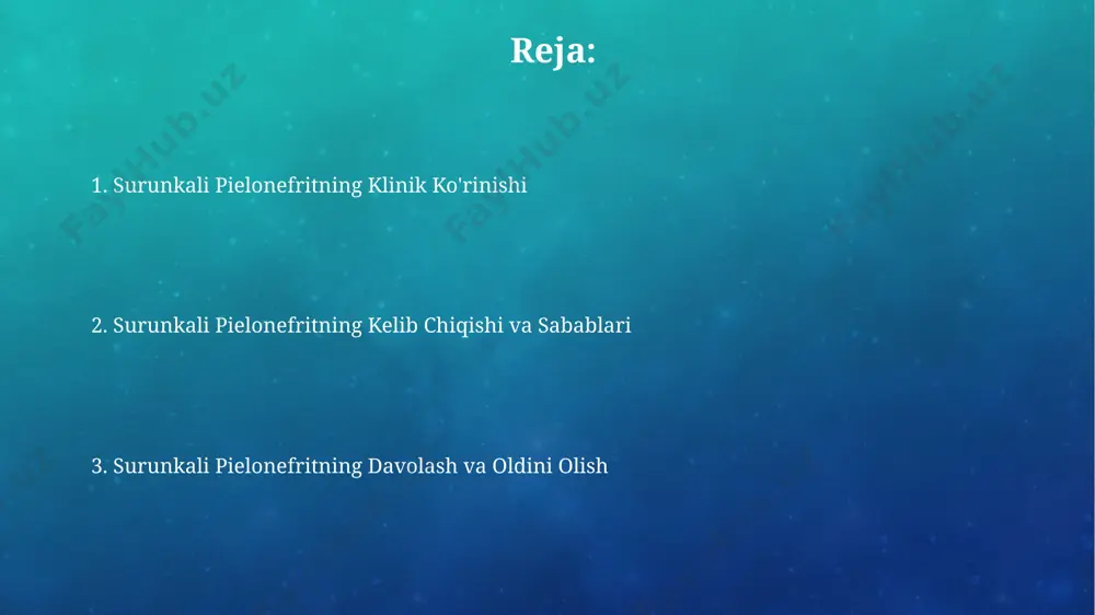 gigiena qoidalariga rioya qilish kiradi, bu o'zbekistonning janubiy hududlarida ayniqsa muhimdir. surunkali pielonefritning prognozi to'g'ri va o'z vaqtida davolash bilan yaxshi, ammo 5-10% hollarda buyrak yetishmovchiligiga olib kelishi mumkin, ayniqsa, kaspiy dengizi mintaqasi kabi noqulay sharoitlarda yashovchilarda. surunkali pielonefrit nima? surunkali pielonefrit – buyrak to'qimalarining 3 oydan ortiq davom etadigan yallig'lanishi bo'lib, ko'pincha e.coli bakteriyalarining 70% dan ortiq hollarda siydik yo'llaridan yuqishi orqali kelib chiqadi va buyrak to'qimalariga doimiy zarar yetkazishi mumkin. surunkali pielonefritning davolashda 2-3 hafta davom etadigan antibiotiklar kursidan tashqari, 5-7 kunlik kasalxonada kuzatish ham talab qilinadi. agar nefroskleroz 1-2 darajasiga yetgan bo'lsa, operatsion aralashuv zarur bo'lishi mumkin. kasallikning alomatlari surunkali pielonefrit ko'pincha 38°c dan yuqori harorat bilan, 2-3 kundan ortiq davom etadigan, bel sohasida kuchli og'riqlar bilan namoyon bo'ladi, ayniqsa o'ng tomonida. kasallikning surunkali shaklida, organizmning umumiy intoksikatsiyasi belgilari, masalan, zaiflik, ishtaha yo'qolishi, 37°c atrofida subfebril harorat ko'tarilishi, namlikning ko'payishi kabi alomatlar samarqandda ham kuzatiladi. tashxis qo'yish …