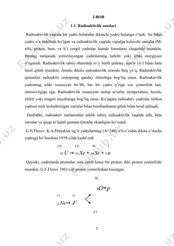 ekanligida edi. xuddi shuningdek, yadroviy kuchlarning to`yinishi − ularning almashinuvchi kuchlar ekanligidan dalolat beradi. umuman almashinuvchi kuchlar kvantomexanik tushunchadir. bunda ikki zarra bir − biri bilan uchunchi xil zarrani doimo almashib turish vositasida bog`langan bo`ladi. haqiqqatdan, zamonaviy tasavvurlarga asosan, yadrodagi nuklonlar bir − biri bilan π - mezonlar almashib turadi. π - mezonlar uch xil bo`ladi: musbat π+, manfiy π− va neytral π0. proton va neytronning o`zaro ta’sirlashishi quyidagicha amalga oshadi: proton π+ chiqarib o`zi neytronga aylanadi, π+ -ni neytron yutadi va u protonga aylanadi. bu jaraenni sxematik tarzda р+ n ⇔ n+π+ + n ⇔ n+ p n+p⇔ p+π− +p⇔ p+n shaklida yozish mumkin. bunda proton va neytron orasida zaryad almashinishi ro`y beryapti. proton va neytron orasidagi o`zaro ta’siri π0 vositasida ham ro`y berishi mumkin, lekin bu holda nuklonlar zaryad almashmaydi: р+n ⇔ p+π0 +n ⇔ p+n proton va proton ikki neytron va neytron orasidagi o`zaro ta’sir ham π0 …