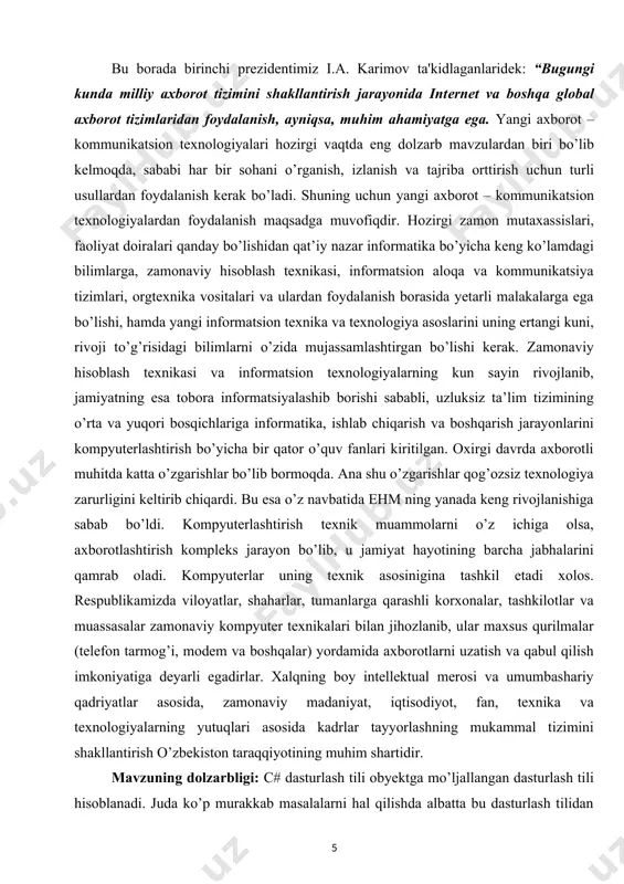 turlash tilidan foydalanishga to’g’ri keladi. ushbu kurs ishida fayllar ustida bajariladigan barcha amallar keltirilgan. boshqarish operatorlari va ularning qo’llanilishi misollar yordamida ko’rsatib o’tilgan bu esa juda katta nazariy va amaliy ahamiyatga ega. kurs ishining maqsad va vazifalari: microsoft visual studio 2012 muhitida c# dasturlash tilida fayllar va boshqarish vositalari bilan ishlash, ular ustida bajariladigan amallarni misollar yordamida yoritib berish va tushuntirish. kurs ishining ob’ekti: c# dasturlash tilining boshqaruv vositalari haqida ma’lumotlardan iborat. kurs ishining tarkibi kirish, 2 ta bob, xulosa, foydalanilgan adabiyotlar va internet resurslardan iborat. kirishda kurs ishi mavzusining dolzarbligi, maqsad, vazifalari va ob’ekti yoritilgan. ishning birinchi bobida boshqaruv operatorlari yoritilgan bo’lib, bu bobda takrorlanish operatorlari va boshqaruvni uzatish operatorlari haqida ma’lumotlar keltirilgan. kurs ishining ikkinchi bobida mos ravishda fayllar ustida turli buyruqlarni bajaruvchi, boshqarish vositalaridan foydalangan holda dasturlar tuzishga misollar keltirilgan. i bob. c# dasturida boshqaruvni uzatish operatorlari. 1.1 c# dasturlash tilida boshqaruv operatorlari. boshqaruv operatorlarini quyidagi guruxlarga …
