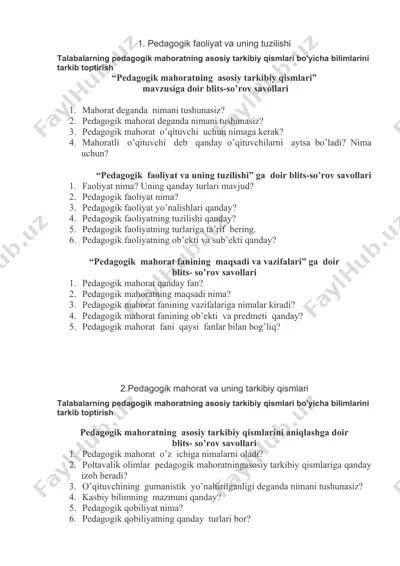 pedagogik faoliyat va uning tuzilishi blis so'rov savollar — DOCX