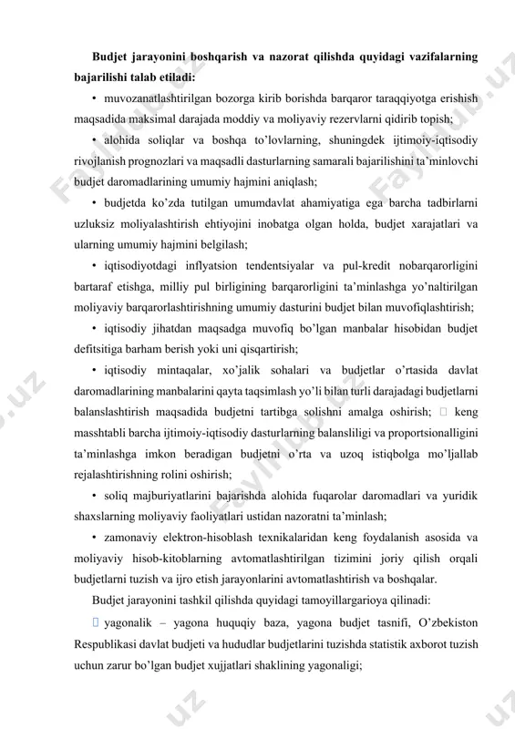 maqsadli jamg’armalari budjetlarining loyihasini tuzish: · budjet so’rovini tuzish tartibini yuborishni; · budjet so’rovlarini hamda asosiy makroiqtisodiy ko’rsatkichlar prognozlarini tayyorlash va taqdim etishni; · budjet so’rovlarini ko’rib chiqish va jamlashni;  budjetnomani ishlab chiqishni nazarda tutadi. davlat b udjetining va davlat maqsadli jamg’armalari budjetlarining loyihasini tuzish: budjet so’rovini tuzish tartibini yuborishni b udjet so’rovlarini hamda asosiy makroiqtisodiy ko’rsatkichlar prognozlarini tayyorlash va taqdim etishni b udjet so’rovlarini ko’rib chiqish va jamlashni b udjetnomani ishlab chiqishni nazarda tutadi rasm. davlat budjetining va davlat maqsadli jamg’armalari budjetlarining loyihasini tuzish davlat budjeti loyihasini tuzish uchun mas’ul organlar quyidagilardir: · o’zbekiston respublikasi moliya vazirligi; · vazirliklar, davlat qo’mitalari va idoralar, mahalliy davlat hokimiyati organlari, budjetlar loyihalarini tuzish, o’zbekiston respublikasi moliya vazirligi tomonidan so’ralgan axborot va ma’lumotlarni taqdim etishga taalluqli qismi bo’yicha. davlat maqsadli jamg’armalarini taqsimlovchi organlar davlat maqsadli jamg’armalari budjetlarining loyihalarini tuzish uchun mas’ul organlardir. budjet so’rovi: · budjet tashkilotining, budjet mablag’lari oluvchining va budjet …