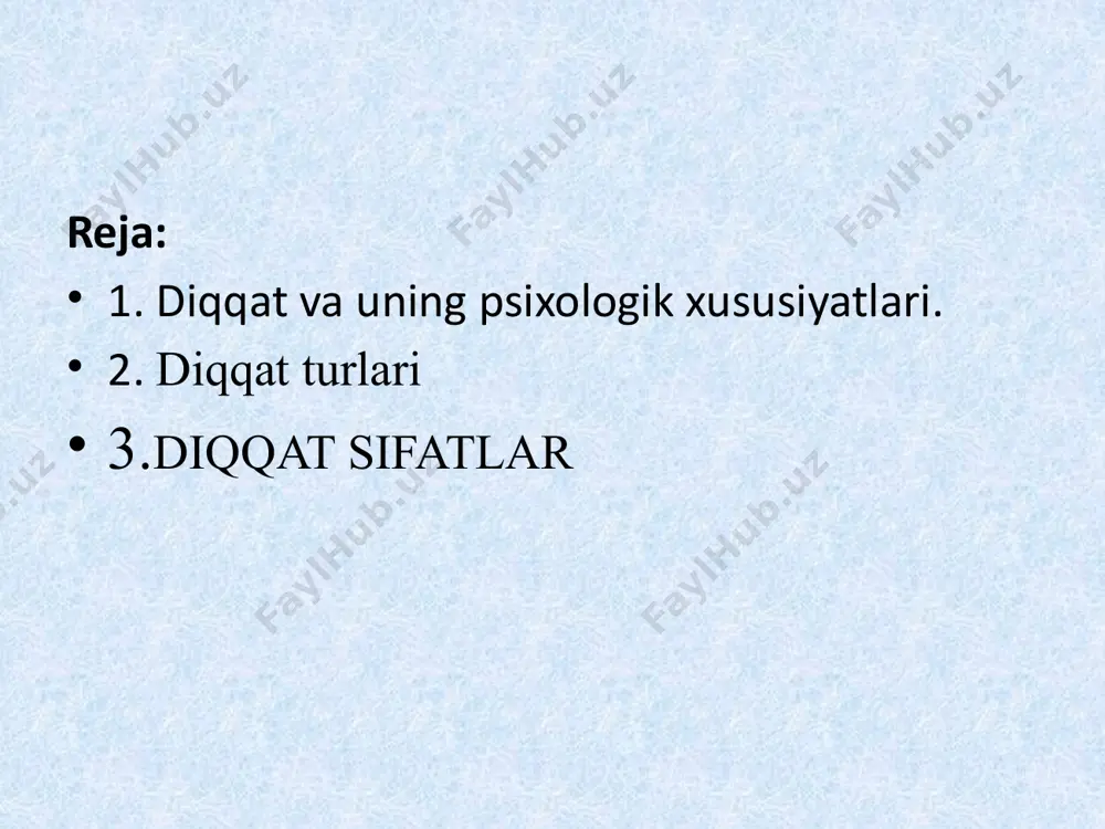 8, p. 252) fikricha, “stimul – tez va kuchliligiga qarab nazorat qilinadi” olport diqqqat haqiqatga o‘xshab ko‘ringani bilan yakka-yu yagona mexanizm emas yoki ichki imkoniyat kauzal atributsiya diqqat fenomeni tafakkurning yoki idrokning asosida shakllanadi. ixtiyorsiz ixtiyoriy ixtiyoriydan so'nggi tashqi ichki individual guruhli jamoa diqqat turlari aktivligiga qarab ob'ektiga qarab faoliyat formasiga qarab diqqat turlari diqqat turlari ixtiyorsiz diqqat ixtiyoriy diqqat ixtiyorsiz diqqat deb to’satdan ta'sir qilgan biror sabab tufayli bizning hohishimizdan tashqari hosil bo’ladigan diqqatga aytiladi. odamning ko‘z o’ngida paydo bo’ladigan juda yorqin rangli narsalar, o‘zining tashqi ko’rinishi jihatidan odatdagi narsalardan keskin farq qiluvchi predmetlar, to’satdan paydo bo’lgan qattiq tovush, biror narsaning keskin harakati va shu kabilar ixtiyorsiz diqqatni yuzaga keltiruvchi sabablar bo’lishi mumkin. masalan, hikoya o’qish mashg’uloti paytida to’satdan uchib o’tgan reaktiv samolyotning qattiq va bahaybat tovushi hammaning diqqatini beixtiyor o‘ziga jalb qiladi. ixtiyoriy diqqat deb-oldindan belgilangan qat'iy bir maqsad asosida va ongli ravishda diqqatimizni ma'lum bir narsa va …