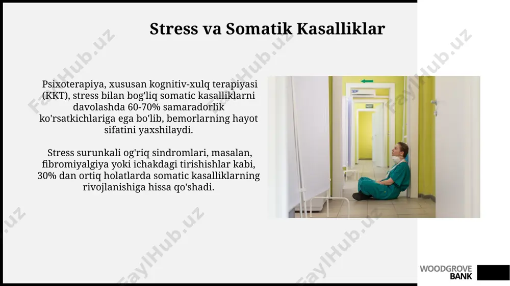 maytirishi mumkinligini ko'rsatuvchi tadqiqotlar mavjud. woodgrove bank psixosomatik aloqalar depressiya va xavotirlilik buzilishlari psixosomatik kasalliklarning rivojlanishi va yomonlashishiga 30% dan ortiq hissa qo'shishi aniqlangan, shuning uchun psixoterapiya bu holatlarni davolashda juda muhimdir. psixosomatik aloqalarning samaradorligi, bemorlarning 70% gacha bo'lgan qismida jismoniy shikoyatlarning psixologik omillar bilan bog'liqligini ko'rsatadi, bu esa psixoterapiyaning muhimligini ta'kidlaydi. woodgrove bank depressiya va xavotir buzilishlari kognitiv-xulq terapiyasi (kxt) depressiya va xavotir buzilishlarida samaradorligi 70% ga yaqin bo'lib, somatik alomatlarning kamayishiga ham sezilarli ta'sir ko'rsatadi. depressiya va xavotir buzilishlari bilan og'rigan bemorlarda 30% gacha holatlarda jismoniy alomatlar ustun bo'lib, psixologik muammolar esa orqa planda qoladi, bu esa diagnostika va davolashni murakkablashtiradi. woodgrove bank o'tkir va surunkali og'riqlar surunkali og'riq bilan og'rigan bemorlarning 70% gacha psixo-somatik buzilishlarga ega bo'lishi mumkin, bu esa psixoterapiyaning samaradorligini oshiradi. kognitiv-xulq terapiyasi (kxt) surunkali og'riqni boshqarishda samarali bo'lib, og'riq intensivligini 30% gacha kamaytirishi mumkinligi isbotlangan. woodgrove bank e'tiboringiz uchun rahmat @taqdimot_robot woodgrove bank image1.jpg …