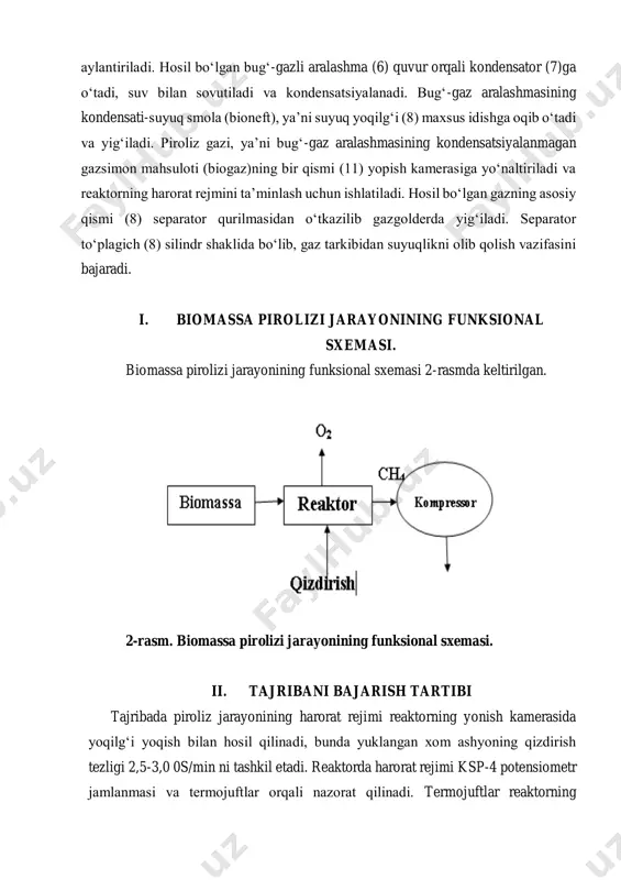 at rejimi reaktorning yonish kamerasida yoqilg‘i yoqish bilan hosil qilinadi, bunda yuklangan xom ashyoning qizdirish tezligi 2,5-3,0 0s/min ni tashkil etadi. reaktorda harorat rejimi ksp-4 potensiometr jamlanmasi va termojuftlar orqali nazorat qilinаdi. termojuftlar reaktorning diametri bo‘yicha 0,5d; 0,33d; 0,25d; 0,15d masofalarda quvurning ichki sirtida o‘rnatiladi. reaktordagi o‘rtacha harorat quyidagicha aniqlanadi: 𝑡 = 𝑡𝐴+𝑡𝐵+𝑡𝐶+𝑡𝐷+𝑡𝐸 5 , (1) tajribada namligi 20% bo‘lgan maydalangan terak opilkasi, mol go‘ngi va g‘o‘zapoya chiqindisini 100÷350 s0 harorat intervalida piroliz jarayoni o‘rganiladi. tajriba tadqiqotlari natijalarini qayd etish № xom ashyo turi yuklangan xom ashyo massasi (kg) bioreaktorning ishchi harorati 0s tajribaning boshlanish vaqti tajribaning tugash vaqti olingan mahsulotlar suyuq (kg) gaz (kg) ko‘mir (kg) 1 opilka 2 mol go‘ngi 3 g‘o‘zapoya chiqindisi nazorat savollari: 1. piroliz qurilmasi qanday qismlardan tashkil topgan? 2. piroliz qurilmasining boshqa qurilmalardan asosiy farqi? 3. quvur-quvurda tipidagi piroliz qozonining ishlash prinsipini tushuntiring? 4. piroliz jarayoning harorat va yuklangan xom ashyoning issiqlik-fizikaviy xossalariga bog‘liqligini …