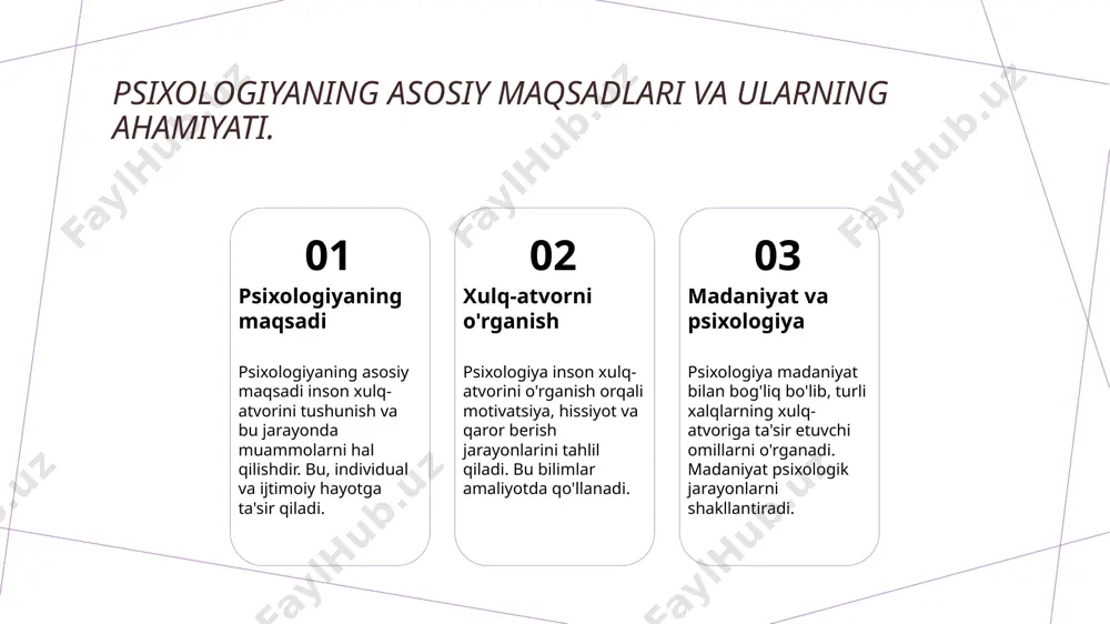 kni ta'minlaydi va dolzarb muammolarni hal etadi. 2 ta'lim va rivojlanish - psixologiya ta'lim jarayonida muhim rol o'ynaydi, o'quvchilarning ehtiyojlarini tushunish va ularni rivojlantirishga yordam beradi, shuningdek, o'qituvchilarni tayyorlaydi. 3 sog'liqni saqlash - psixologiya sog'liqni saqlash tizimida ruhiy salomatlik va xulq-atvor muammolarini aniqlash va davolashda muhim ahamiyatga ega, insonlar hayotini yaxshilaydi. 4 madaniy o'zgarishlar - psixologiya madaniy o'zgarishlarni o'rganish orqali jamiyatning rivojlanishi va insonlarning o'zaro aloqalarini yanada chuqurroq tushunishga imkon beradi. inson xulq-atvorining asosiy tushunchalari va ularning ahamiyati. inson xulq-atvori xulq-atvor tushunchalari ahamiyati va ta'siri inson xulq-atvori, insonning harakatlari, muomala shakllari va his-tuyg'ulari orqali ifodalanadigan murakkab jarayonlarni o'z ichiga oladi. xulq-atvor tushunchalari, masalan, motivatsiya, emotsiyalar va ijtimoiy ta'sirlar, insonlarni harakatga keltiruvchi asosiy mexanizmlardir. xulq-atvor tushunchalari, shaxslararo munosabatlar va jamiyatni tushunishda muhim ahamiyatga ega, insonlarning ijtimoiy hayotda qanday harakat qilishini belgilaydi. psixologik nazariyalar orqali inson xulq-atvorini o'rganish. psixologik nazariyalar xulq-atvor modellari amaliy qo'llanilish psixologik nazariyalar inson xulq-atvorini tushunishda muhim vositalardir. ular …