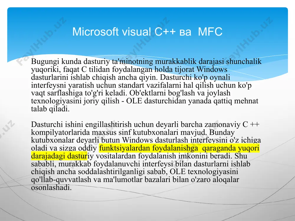 etadi. ularni shablon sifatida ishlatib, siz tezda ilovalaringizni ishlab chiqishingiz mumkin. bunday avtomatlashtirilgan dasturlarni yaratish vositalari microsoft visual c ++ kompilyatoriga kiritilgan va mfc appwizard - sehrgar deb nomlangan. mfc appwizard-ning imkoniyatlari sizga bir necha daqiqada ole serveri va mijozi bilan ko'p oynali matn muharririni yaratishga imkon beradi. shu bilan birga, siz bitta matn satrini yozmaysiz va mfc appwizard tomonidan yaratilgan dasturning dastlabki kodi darhol tarjima qilinishi mumkin va bajariladigan dastur moduli foydalanishga tayyor. . agar tizim biznesni axborot bilan ta'minlash yo'li bilan qo'llab-quvvatlasa, «axborot» tizimi deb ataladi tizimlarni yaratish jarayoni tizimlarning yaratilish davri (system development life cycle) deyiladi. tizimlar yaratilishi jarayonini bosqichlarga bo'lib, tizimlar yaratishda ma'lum metodlar ishlab chiqilgan. an'anaviy tizimlarni yaratish davri uslubi (uni yana “sharshara” modeli deb nomlashadi) quyidagi bosqichlardan iborat: axborot tizimi(loyixa)ni yaratish тизим тергови тизим таҳлили тизим дизайни тизимни амалда яратиш тизим таъминоти 1. tizim tergovi bosqichida hal qilinadigan muammo aniqlanadi va uning texnik jixatdan …