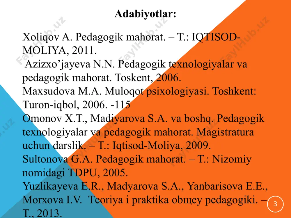 хususiyatlаri yig’indisidir. pedagogik odob. pedagogning muomala odobi 11 o’qituvchi odobining mohiyati, asosiy mazmuni pedagogik faoliyat uchun muhim bo’lgan axloqiy sifatlarda ifodalanadi. umuminsoniy va milliy-axloqiy fazilatlar barcha kishilar, hamma kasb egalari, jumladan, o’qituvchi-tarbiyachilar uchun ham juda zarurdir. 12 pedagogik etikada muomola odobining biror jihati, masalan, o’qituvchining o’z kasbiga munosabati, burchi alohida tahlil etilishi mumkin.o’qituvchilik kasbi kishiga ma‘lum talablarni qo’yadi, lekin muallim bu talablarni qanday bajarayotgani bu talablarda hali aks etmaydi. 13 o‘qituvchi axloqiy-ma’naviy qiyofasini namoyon etuvchi me’yor tuyg‘usi yoki xulq va odob qoidalariga rioya qilishi demakdir. pedagogik nazokat o‘qituvchining o‘quvchilar bilan o‘zaro munosabatini tashkil qilish vositasi. psixologik til bilan aytilganda, nazokat insonning bir qolipdagi barqaror tasavvurlarida mujassamlashgan shaxsiy insoniy hislatlarining yig‘indisidir. pedagogik nazokat 14 o‘qituvchi deyarli har kuni o‘quvchilar bilan uchrashadi, savol-javob qiladi, ularning yaxshi xulq va ezgu ishlarini ma’qullaydi, bilimlarini baholaydi, nojo‘ya hatti-harakatlari uchun tanbeh berib, lozim bo‘lganda tarbiyaviy metodlarni qo‘llaydi. pedagogik nazokat doimiy izlanishni, ijodkorlikni talab qiladi. doimiy ijodiy …