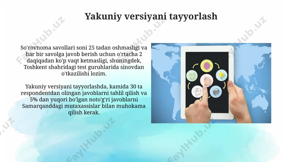 farg'ona viloyatida amalga oshirilgan loyihada, ochiq va yopiq savollarning 70/30 nisbatda bo'lishi, respondentlarning javob berish qulayligi uchun juda muhim ahamiyat kasb etdi. savol turlarini tanlash demografiya haqida ma'lumot yig'ish uchun (yosh, jins, manzil) yopiq savollar bilan 1-10 gacha variantlarni taklif qilish andijon viloyati aholisi orasida o'tkazilgan so'rovnomalar uchun samarali bo'ladi. savol turlarini tanlashda, masalan, 5 ballli likert shkalasi (1-mutlaqo roziman, 5-mutlaqo rozimasman) kabi miqdoriy ma'lumotlarni yig'ish uchun yopiq savollar toshkentdagi tadqiqotlar uchun juda mos keladi. savolnomaning mantiqiy ketma-ketligini ta'minlash savol turlari (yopiq, ochiq, reyting shkalasi) o'zgarishi kerak, bu respondentlarning diqqatini jalb qilish va ularning ishtirokini oshirishga yordam beradi, bu andijon viloyatidagi amaliy tajriba bilan tasdiqlangan. savolnoma savollari mantiqiy ketma-ketligi, masalan, demografik ma'lumotlar (yoshi, jinsi) kabi umumiy savollar 1-5-savollarda, keyin esa 6-10-savollarga ko'proq muhim mavzular qo'yilishi kerak, bu samarqanddagi tadqiqotlar natijalariga asoslanadi. savolnomaning aniqligi va tushunarliligini tekshirish savolnoma savollari 5 dan ortiq bo'lmagan so'zlardan iborat bo'lishi va toshkent shahrida o'tkazilgan pilot …