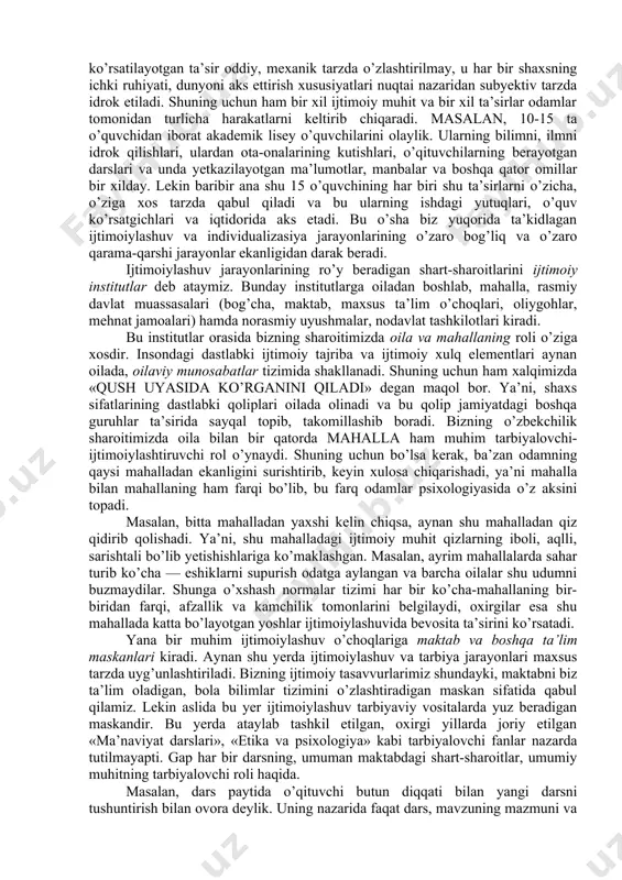 hi tomoni esa — inson faolligi — insonning jamiyatga o'zining faoliyati orqali ta’sir etishidir. bunda inson faolligi pozitsiyasi — ijtimoiy aloqalarga har qanday ta’sir ma’lum bir qaror qabul qilish va keyinchalik shu qarorni bajarish uchun ma’lum bir faoliyat strategiyasini ishlab chiqish orqali tushuntiriladi. ijtimoiylashuv jarayoni shu keltirilgan tushuntirishlar orqali shaxs shakllanish jarayoniga qarshi chiqmaydi, lekin, bu muammoga turli tomondan yondashishni talab qiladi. g.m.andreyevaning fikriga ko’ra, «yosh psixologiyasi uchun bu muammo «shaxs» mavzusiga taalluqli bo‘lsa, ijtimoiy psixologiya uchun «shaxsning jamiyatga ta'siri» tomondan qiziqroq hisoblanadi». 2. o’spirinlik davrida shaxs ijtimoiylashuvi shaxs, uning dunyoni bilishi, o’zini va atrofidagi insoniy munosabatlarni bilishi, tushunishi va o’zaro munosabatlar jarayonida o’zidagi takrorlanmas individuallilikni namoyon qilishi hamda ushbu jarayonlarning yoshga va jinsga bog’liq ayrim jihatlarini tahlil qilish bizga umumiy ravishda shaxs-jamiyatda yashaydigan ijtimoiy mavjudotdir, degan xulosani qaytarishga imkon beradi. ya’ni, u tug’ilgan onidan boshlab o’ziga o’xshash insonlar qurshovida bo’ladi va uning butun ruhiy potensiali ana shu ijtimoiy muhitda …