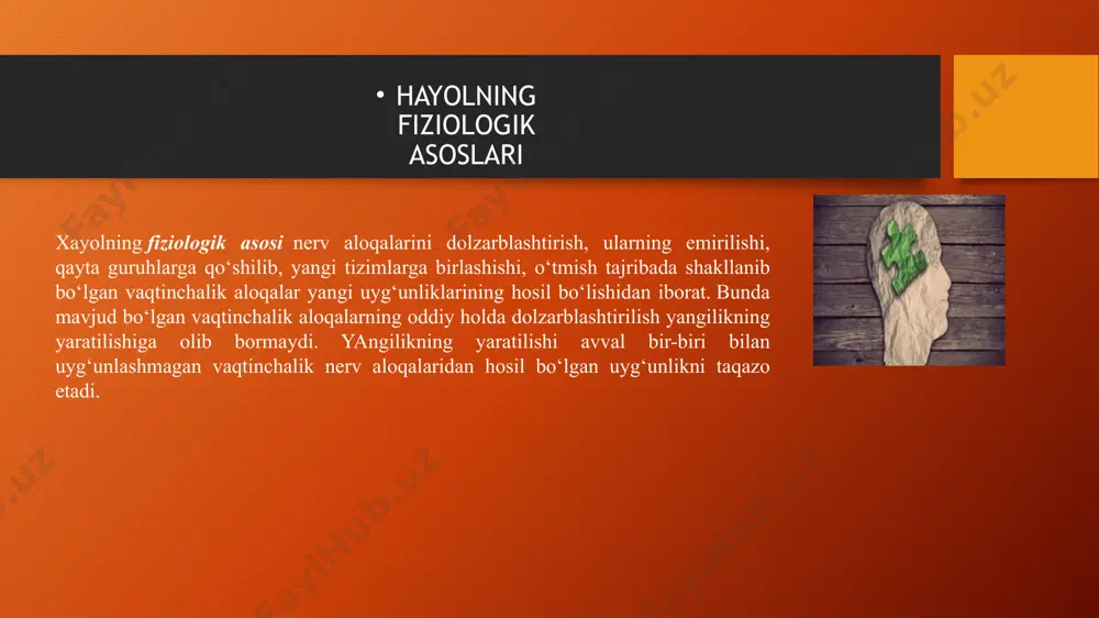 i, sub’ektiv omillarga bo‘ysunadi. bunda amaliy faoliyatdan to‘liq yoki deyarli to‘liq bo‘lgan ajralish mavjud. bunda fantaziya hayotga tadbiq etilmaganobrazlarni yaratadi, amalga oshmaydigan yoki tadbiq etilmaydigan hulq-atvor dasturlari rejalashtiradi. sust xayol jarayonida qandaydir ehtiyoj yoki tilakning noreal, xayoliy qondirilishi amalga oshiriladi. bunday xayolning materiallari sifatida obrazlar, tasavvurlar, tushuncha elementlari va tajribada to‘plangan boshqa ma’lumotlar xizmat qiladi. yaratuvchi xayol – bu ma’lum inson uchun biror yangilikni so‘z orqali ta’riflash yoki uni shartli ravishda aks ettirish (chizma, notali yozuv va boshqalar) ga tayangan holda tasavvur qilish. xayolning bu turi insonning turli xil faoliyatida, shu bilan birga, ta’limda ham keng qo‘llaniladi. xuddi shunday, yaratuvchi xayol ishchiga mehnat operatsiyalarini chizmalar bo‘yicha bajarishga yordam beradi. ijodiy xayol – bu yangi obrazlarni tayyor ta’riflar yoki shartli tasvirlarga tayanmagan holda yaratish. xayolning bu turi davomida inson mustaqil holda boshqa odamlar yoki jamiyat uchun qadrli bo‘lgan, faoliyatning aniq o‘ziga xos mahsulotida gavdalangan yangi obraz va g‘oyalar yaratadi. ijodiy xayol …