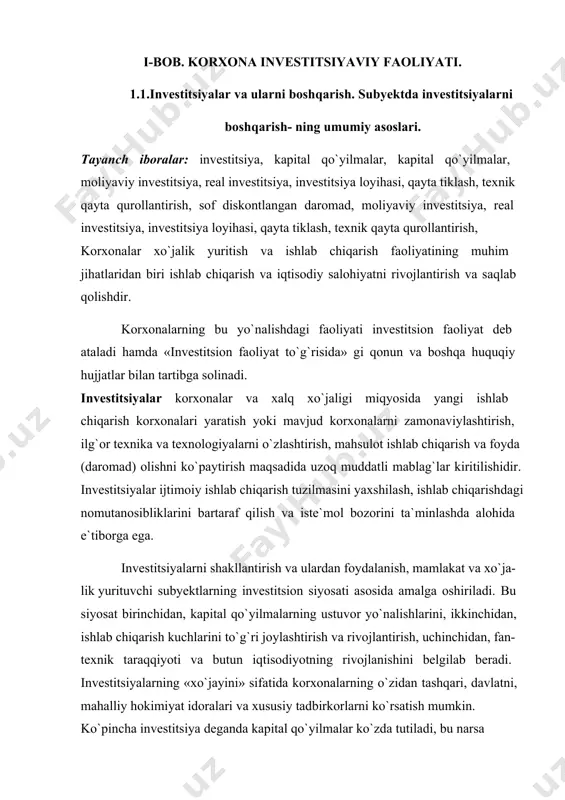 urati tug`iladi. investitsiyalar, ayniqsa gap yangi qurilish, faoliyat ko`rsatayotgan korxona- larni kengaytirish yoki qayta tiklash haqida ketganda, investitsion jarayonlar bilan chambarchas bog`liq bo`lib, bu jarayonlar investitsion maqsadlarni zamon va ma- konda bog`laydi. investitsion jarayonlarning quyidagicha tarkibiy qismlari mavjud: loyihalashtirishdan avvalgi asoslash, loyihalashtirish, bevosita obyekt qurilishi (korxonani kengaytirish yoki qayta tiklash) va ishga tushirilishi. korxonalar uchun investitsiya jarayonining so`nggi bosqichi muhim ahamiyat kasb etadi. ushbu bos- qichda amalga oshirilgan yangiliklar eksplutatsion sinovlardan o`tkazilib, amaldagi va loyiha ko`rsatkichlari baholanadi hamda investitsiya jarayonining xuddi shu jarayonida hal qilinishi lozim bo`lgan chetga og`ish va kamchiliklar aniqlanadi. korxonalarda investitsiyalashning asosiy manbalari va yo`nalishlari. deyarli barcha faoliyat ko`rsatuvchi korxonalar davlatga tegishli bo`lgan sobiq ma`muriy-buyruqbozlik tizimi sharoitlarida investitsiyalarning asosiy manbai davlat (byudjet) mablag`laridan tashkil topar edi. garchi o`sha shar-oitlarda ham jamg`arma fondlar – asosiy investitsion manbalar korxonalar foydasi (daromadi) hisobiga amalga oshirilgan bo`lsada, korxonalarning mablag`larni qayerdan olish va qayerga joylashtirish to`g`risida «boshi» og`rimas edi. qo`shimcha manba sifatida …