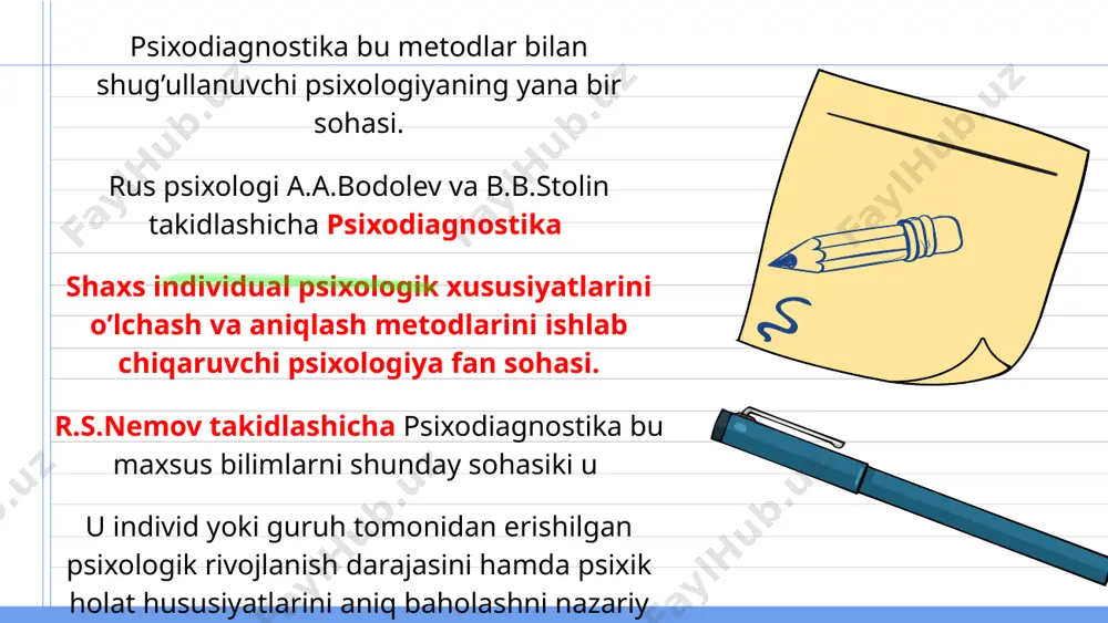 bilish. 5.sinaluvchilardan zarur ma’lumotlarni ola bilish. 6.0lingan ma’lumotlarni sinaluvchi qiziqishlariga mos tarzda qo‘llay bilish. psixodiagnostika mutaxassisi ega bo’lishi kerak bo'lgan sifatlar: ■ empatiya qobiliyati ■ o‘z-o‘zini nazorat qilish ■ kasbiy odoblilik(takt) ■ mas’uliyatni his qilqish ■ refleksiya qobiliyati maktab normalari - ta’lim jarayonida erishilgan yoki maktab ta'limiga bog'iiq qobiliyatlarini o'rganish testlari asosida ishlab chiqiladi. ular har bir ta’lim bosqichi uchun belgilanadi va mamlakatning barcha hududlariga amal qilinadi. kasbiy normalar - har xil kasb egalari guruhi uchun testlar (masalan, mexaniklar, mashinistlar va boshqalar), mahalliy normalar- jinsi, yoshi, geografik hududi, sotsial iqtisodiy statusi va boshqa umumiy belgilari bilan tafovutlanuvchi tor toifali kishilar uchun qo'llashda ishlab chiqiladi. masalan, veksler va raven testluri yosh chegaralari bo'yicha normaga ega. test - standartlashtirilgan, faollikni talab etuvchi, vaqt jihatdan chegaralangan holda bajariladigan topshiriqlar bo'lib, uning natijasi miqdor va sifat jihatdan baholanib, shaxs individual psixologik xususiyatlarini aniqlash imkonini beruvchi metod (l .f .b urlachuk) mavzu yuzasidan savollaringiz… thanks! …