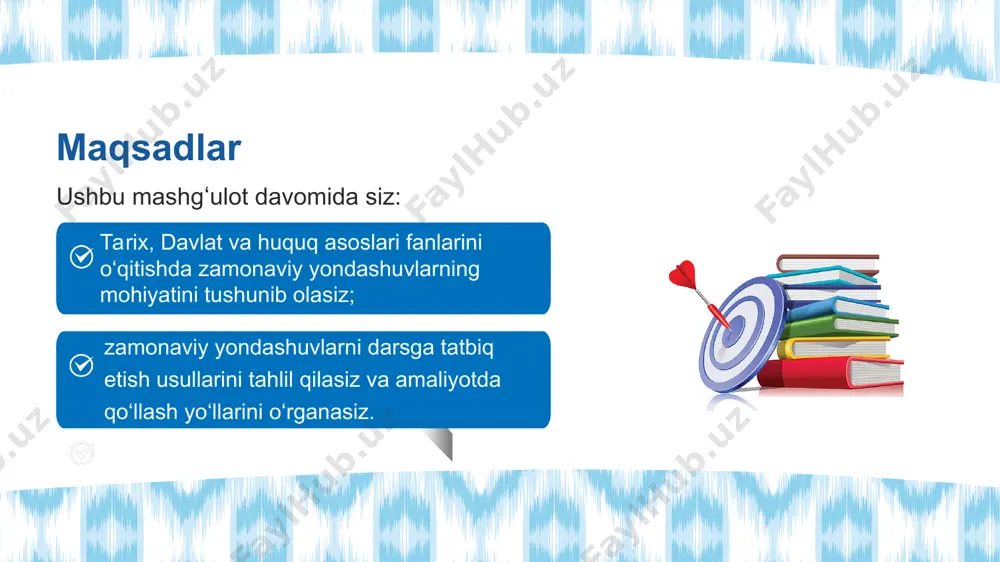 o‘liq sho‘ng‘igani, ichki motivatsiya bilan o‘rganayotganidan dalolat. bu — o‘qituvchi orzu qiladigan eng kuchli indikatorlardan biri: dars o‘z-o‘zidan, tabiiy sur’atda, shijoat bilan kechmoqda. * zamonaviy yondashuvlar — darsni jonlantiruvchi kuchdir “siz sanagan omillar darsda o‘quvchini zeriktiradigan sabablardir. juda tanish holatlar, to‘g‘rimi? ammo bizning qo‘limizda kuchli vosita bor: bu — zamonaviy yondashuvlar. aynan shu yondashuvlar darsni jonlantiradi: o‘quvchini fikrlashga undaydi, harakatga keltiradi, hayrat uyg‘otadi. so‘rovga asoslangan ta’lim, 5e modeli, muammoli o‘qitish, steam, konstruktsion yondashuv — bularning barchasi zamonaviy darsning yuragidir. chunki ular o‘quvchining ongini faollashtiradi, darsni unga tegishli qiladi va vaqt qanday o‘tgani bilinmay qoladi!” * zamonaviy yondashuvlarning tamoyillari o‘quvchilarni faol jalb etish kompetensiyalarni rivojlantirish raqamli texnologiyalar differrensial oʻqitish milliy va umuminsoniy qadriyatlarga hurmat har bir oʻquvchining individual xususiyatlari, qiziqishlari, oʻzlashtirish tezligi hisobga olinganligi mulohaza yuritish, tadqiqot oʻtkazish, savollar berish, o‘zi uchun yangi bo‘lgan bilimlar kashf etish onlayn platformalar, vr, ar, sun’iy intellekt tanqidiy fikrlash, real muammolarni hal qilish, tadqiqotchilik ko‘nikmalarini …