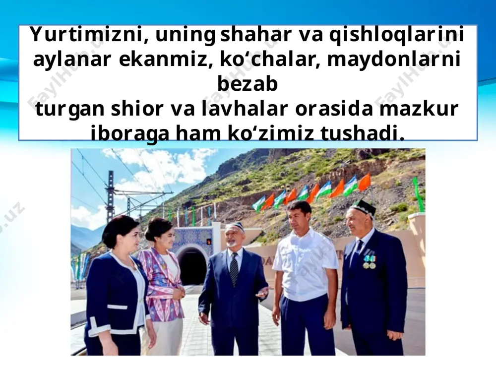 bu buyuk mutafakkirning ahkomidan ahkomlar yaratganlarini bayon qildilar. vatanimiz istiqlolini asrab-avaylash va mustahkamlash, o‘zbekistonimiz shuhratini jahonga yoyish vazifasi kelajakda aynan sizdek yoshlarga bog‘liq. qadimiy shaharlarimizdagi tarixiy obidalarimiz, buyuk ajdodlarimizning bebaho merosi, istiqlol davrida barpo etgan ko‘plab inshootlarimiz, bugungi kunda xalqimiz, jumladan, yoshlarimiz erishayotgan ulkan yutuqlar aynan shundan dalolat beradi. savol va topshiriqlar: 1. siz mustaqillik bayramiga bag‘ishlangan tantanali marosimni televizor orqali ko‘rganmisiz? 2. bu marosim sizda qanday taassurot qoldirdi? 3. siz bir ishni boshlashdan oldin qanday niyat qilasiz? 4. buyuk allomalarimizning nomlari nima uchun ming yillardan buyon bezavol yashab kelmoqda? 5. rasmlarga qarab, xalqimizning abadiyatga daxldor ishlari haqida gapirib bering. image2.jpeg image3.jpeg image4.jpeg image5.emf image6.jpeg image7.jpeg image8.jpg image9.jpg image10.jpeg image11.jpeg image12.jpeg image13.emf image14.jpeg image15.jpeg image16.jpeg image1.jpg