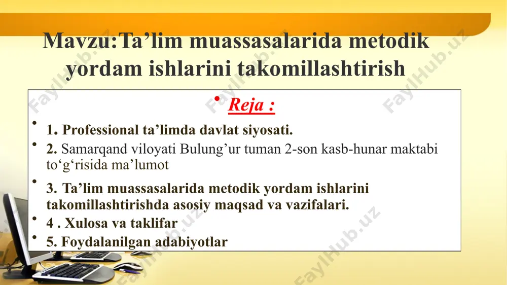 8 nafar ta’lim muassasalarida metodik yordam ishlarini takomillashtirishda asosiy vazifalari metodik ishlarni tashkil etishning maqsadi 1. ilg’or pedagogik va ishlab chiqarish tajribalarini,fan-texnika va texnalogiya yutuqlarini o’rganish,umumlashtirish va ta’lim-tarbiya jarayoniga tatbiq etish. o’quv-tarbiya jarayonini yangi didaktik materiallar va o’qitish vositalari bilan taminlash. ta’lim –tarbiyaviy jarayonlarni ilmiy uslubiy majmualar bilan ta’minlash. 1.malaka talablar asosida uslubiy ishlarni takomillashtirish. 2.ta’lim muassasasi pedagogik jamosining ma’naviy-ma’rifiy darajasi,pedagogik malaka va kasbiy kompetensilarini oshirish. 3.bo’lajak mutaxasslarga ta’lim-tarbiya berish mazmuni,shakli va uslubini tinimsiz takomillashtirib borish: 4.o’quv-tarbiya jarayonini yangi didaktik materiallar va o’qitish vositalari bilan taminlash; 1 oliy ta’lim muassasasining professor o’qituvchilari bilan pedagogik mahoratini oshirish maqsadida hamkorlik ishlarni olib borish 2 yosh o‘qituvchilarga tajribali o‘qituvchilarni biriktirish, “ustoz-shogird” maktabi ishini tashkil qilish 3 o’qituvchilar tomonidan fan to’garaklarini tashkil etish 4 ta’lim muassasasida o’qituvchilarni uzluksiz malaka oshirishlarini tashkil etish 5 boshqa ta’lim muassasalari bilan tajriba almashishni uzluksiz yo’lga qo’yish 6 ta’lim muassasasi pedagoglari orasida raqobat muhitini yaratish 7 o‘quvchilarning uslubiy qo’llanmalar …