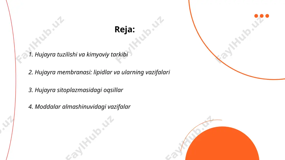 lipidlarning asosiysi membrandagi harakat, moslashuvchanlik va sekin kiruvchanlikni nazorat qiladi. ... t.me/slaydai_bot hujayra sitoplazmasidagi oqsillar hujayraning asosiy tarkibiy qismlari bo'lib, ular turli xil funktsiyalarni bajaradi. sitoplazmada juda ko'p turli xil oqsillar mavjud bo'lib, ular enzimatik faoliyat ko'rsatadi, molekulalarni tashishadi va struktura hamda harakatni ta'minlaydi. masalan, aktin va miyozin oqsillari hujayra skeletining asosiy komponentlari bo'lib, hujayra shakli va harakatida muhim rol o'ynaydi. oqsillar sintezi ribosomlarda amalga oshiriladi va ular aminokislotalardan tashkil topgan. sitoplazmada atp bilan ta'minlovchi mitoxondriya orqali energiya ishlab chiqariladi, bu esa oqsillarni faol holatda saqlash uchun zarurdir. hujayra sitoplazmasida oqsillar kontsentratsiyasi odatda 20-30% ni tashkil etadi. ... t.me/slaydai_bot 2 hujayra membranasi: lipidlar va ularning vazifalari hujayra membranasi — hujayraning tashqi chegarasi bo'lib, uni ichki muhitdan ajratib turadi. membranada lipidlar, oqsillar va uglevodlar mavjud. lipidlar membrananing asosiy tarkibiy qismlaridan bo'lib, uning strukturasini va funksiyasini ta'minlaydi. lipidlar membranada ikkita qatlamli tuzilmani hosil qiladi. fosfolipidlarning gidrofobik uchlari ichkariga, gidrofilik uchlari esa tashqariga …