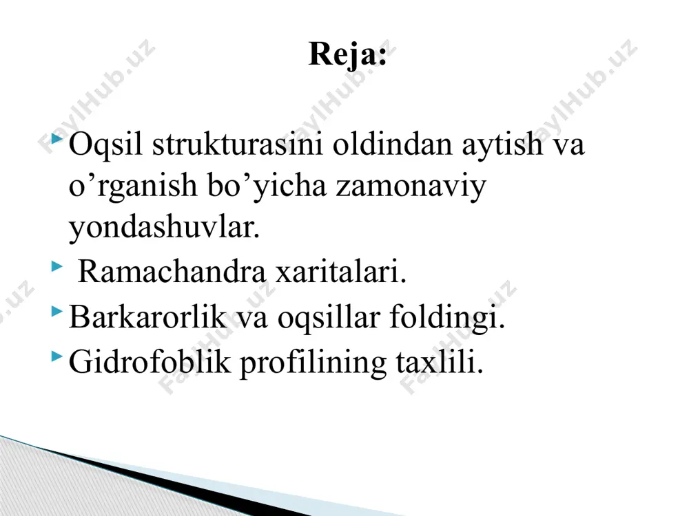 shda tarqalib ketgan - ya'ni ularda bir nechta mumkin bo'lgan exon birikmalari mavjud. genlarning genomlarda joylashishi ham istisnolarga moyil. ba'zi genlar bir-birining ichiga joylashtirilgan (bir-birining ustiga) (dunham va boshqalar 1999). pseudogenlarning mavjudligi proteinlarni kodlash hududlarini aniqlashni yanada qiyinlashtiradi. odatda kodlash ketma-ketligining yuqorisida joylashgan tartibga soluvchi ketma-ketliklar ba'zida pastda va genlar ichida joylashgan bo'lishi mumkin. prokaryotik tizimlarda genlar oddiy tuzilishga ega bo'lib, ularda protonlar kodlaydigan hududlarni ajratib bo'lmaydi va ularni aniqlash oson. biroq, eukaryotik genomik ketma-ketlikda genlarni topish arzimas muammo emas. prokaryotik genomlardan farqli o'laroq, eukaryotlardagi kodlash hududlari eukaryotik genomning ozgina qismini tashkil qiladi va asosan ular genomning takrorlanmaydigan hududlarida joylashgan. genlarni bashorat qilishda ishlatiladigan asosiy mavjud usullar jadvalda keltirilgan. uch o'lchovli tuzilmalari va funktsional xususiyatlarining juda xilma-xilligi ­strukturani tashkil etishning ma'lum tamoyillariga bo'ysunadigan molekulalar asosida amalga oshiriladi. kimyoviy analogiyalarni ishlab chiqish, oqsillarni solishtirish mumkin. rojdestvo daraxti ustidagi chiroqlar gulchambarlari bilan ip: har bir oqsil chiziqli (ya'ni shoxlanmagan) polimer zanjiri bo'lib, …