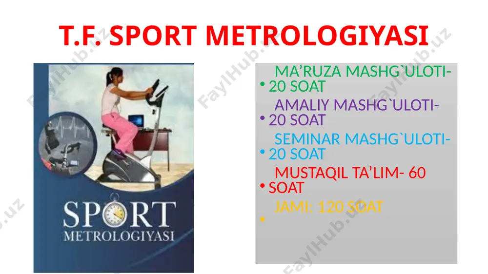 ini metrologik asoslari. sportchilarni jismoniy tayyorgarligi nazoratinining metrologik asoslari. amaliy mashg`ulotlari uchun ajratilgan mavzular: sport metrologiyasi usullari; sport metrologiyasi fani predmeti va masalalari; jismoniy tarbiya va sportda sport metrologiyasining ro`li; fizikaviy kattaliklarni o`lchash; jismoniy tarbiya va sportda o`lchanadigan parametrlar; o`lchash shakllari. o`lchash aniqligi. o`rtacha arifmetik qiymatni aniqlash; funksional va o`zaro statistik bog`lanish; korrelyatsion maydon; o`zaro bog`lanish zichligini belgilash; mustaqil ta’lim mavzulari sport metrologiyasiga kirish. o‘lchash nazariyasi asoslari. o‘lchash natijalariga statistik ishlov berishning asosiy usullari. testlar nazariyasi asoslari. baholash nazariyasi asoslari. kvalimetriya, yoki sifat ko‘rsatkichlarini miqdoriy baholash usullari. sportchilarning texnik va taktik tayyorgarligi nazoratini metrologik asoslari. sportchilarning jismoniy tayyorgarligi nazoratini metrologik asoslari. sportdagi o‘lchash natijalarini statistik qayta ishlash uslublari. korrelyatsiya koeffitsientini hisoblash, korrelyatsiya maydonlarini tuzish. ma’lumotlarni statistik tahlil etish. rangga oid spirmen korrelyatsiya koeffitsientini hisoblash. adabiyotlar 1. tolametov a.a. sport metrologiyasi. toshkent. “yangi asr avlodi” (o’quv qo’llanma). 2010 yil. 2. tolametov a.a. akbarov a. sport metrologiya (o’quv uslubiy qo’llanma). o’zdjti . …