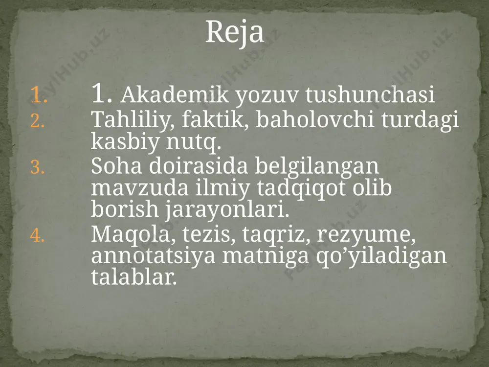ismi-familiyasini, lavozimlarini, tashkilot-muassasalar nomlarini, geografik joy nomlarini yozishda har xillikka yoʻl qoʻyib boʻlmaydi. oʻzb.respublikasi, oʻz.respublikasi, oʻz.resp., oʻzb.respublikasi, oʻz.respublikasi, oʻz.resp-si xxxxx oʻzr yozilishi, oʻzbekiston respublikasi vazirlar mahkamasi esa oʻzr vm shaklida bir xil yozilishi maqsadga muvofiq boʻladi. qisqartma otlarni yozishda ham har xillikka yoʻl qoʻyib boʻlmaydi. e’tibor uchun rahmat! image3.jpeg image4.png image5.jpeg image6.jpeg image7.jpeg image8.jpeg /docprops/thumbnail.jpeg