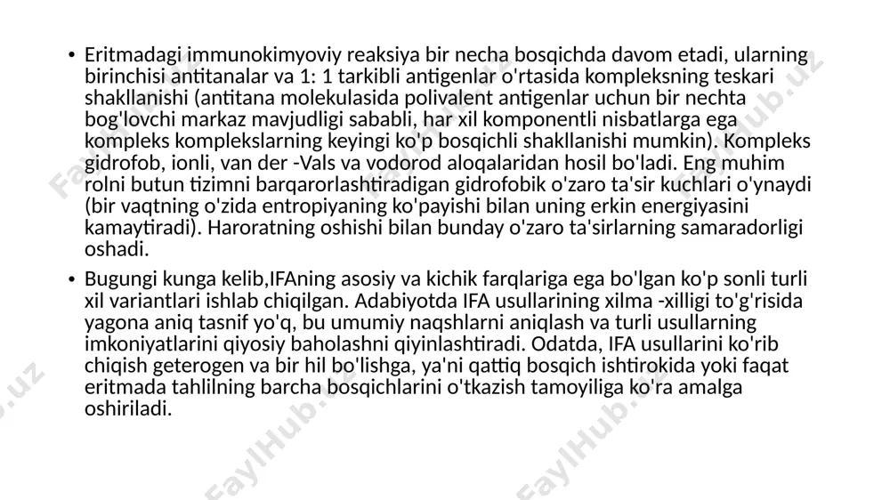 in. shu munosabat bilan, fermentativ reaktsiyalarni aniqlashning lyuminestsent usullari, shuningdek, birlamchi ferment reaktsiyasi ("kaskadlar") mahsulotlarini aniqlashni fermentativ takomillashtirishga asoslangan usullar istiqbolli. elisada ferment belgilarini tanlashga bir qator umumiy talablar qo'yiladi. asosiylari quyidagilar: 1. past kontsentratsiyada yorliqni aniqlash imkonini beruvchi yuqori o'ziga xoslik va o'ziga xos katalitik faollik; 2. fermentning mavjudligi, antijenlar yoki antikorlar bilan konjugat olishda kimyoviy modifikatsiyadan keyin yuqori faollikni saqlaydigan etarlicha sof ferment preparatlarini olish imkoniyati; 3. antigen-antikorlarning o'zaro ta'sirining optimal sharoitida barqarorlik; 4. ferment konsentratsiyasini aniqlash usulining soddaligi va sezuvchanligi. polimeraza zanjirli reaktsiyasi (pcr) - bu biologik materialda (namuna) ma'lum nuklein kislotasi bo'laklarining (dnk yoki rnk) kichik konsentratsiyasini sezilarli darajada oshirishga imkon beradigan molekulyar biologiya usuli. dnkni kuchaytirishdan tashqari, pcr nuklein kislotalari bilan boshqa ko'plab manipulyatsiyalarga (mutatsiyalarni kiritish, dnk bo'laklarini biriktirish) imkon beradi va biologik va tibbiy amaliyotda, masalan, kasalliklarni aniqlashda (irsiy, yuqumli), otalikni aniqlashda, genlarni klonlash, yangi genlarni ajratish uchun. reaktsiya jarayoni odatda, pcrni bajarishda 20-35 …