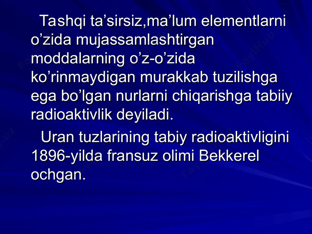rakatlanganda o’lcamlar olib borilgan. g- nurlar katta energiyaga ega bo’lgan kvantlar oqimidan iborat bo’lib,yuqori chastotaga ega.uning tabiati rentgen yoki yorug’lik nurlariga o’xshashdir. radioaktiv nurlanishda bir elementning boshqasiga aylanishi ma’lum qonuniyat asosida sodir bo’ladi, uni siljish qoidasi deyiladi. masalan, radiyning parchalanishida ikkita gaz hosil bo’ladi – radon va geliy . radon parchalanib poloniy va geliyni beradi va h.k. a- radioaktivlikda yadroning zaryadi 2ta birlikka kamayadi, massa soni esa 4birlikka kamayadi. parchalanish maxsuloti mendelyeyev jadvaliga 2ta katakka chapga joylashadi. parchalanishning umumiy sxemasi: b-parchalanish 3xil bo’ladi: elektron, pozitron va e-yutish. elektron parchalanishda massa soni(a) massa soni o’zgarmaydi,zaryadi bir birlikka ortadi,mendelyeyev jadvalida o’ngga bitta katak surilish ro’y beradi: n →p+b- +v (antineytrino) pozitron parchalanishda massa soni o’zgarmaydi.zaryadi bir birlikka kamayadi: zxa →z-1ya+-1b0+0 misol p →n+b+ +v (neytrino) e-yutish (elektron yutish ).bu tur radioaktivlik shundan iborarki, yaro tomondan atomning ichki elektronlaridan birini tutib olib,yadrodagi protonni neytronga aylanishi bilan sodir bo’ladi. zxa+-b0 →z-1ya p +-b0 = …