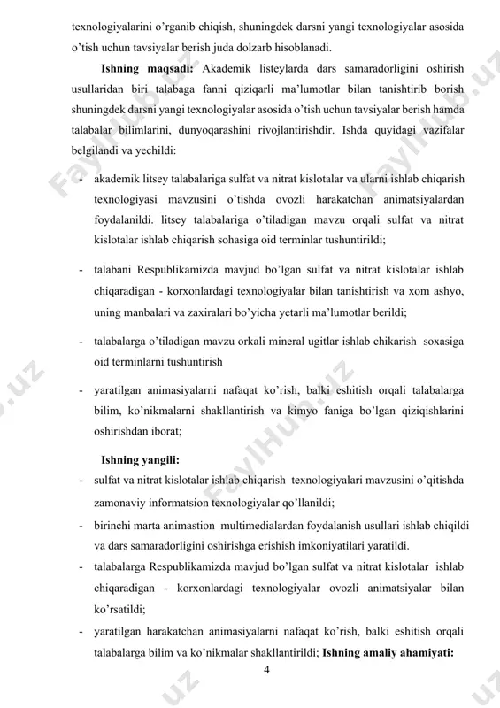 lari va boshqalar ishlab chiqarmoqda. ularning ko‟pchiligini ishlab chiqarish uchun sulfat va nitrat kislotalar muhim o’rinni egallaydi. hozirgi kunda respublikamizda chirchiq, navoyi azot, samarqand, olmaliq kimyo kombinatlari sulfat va nitrat kislotalarni ishlab chiqarmoqda. shunga asosan sulfat va nitrat kislotalar mavzusining nazariy asoslarini va ularni olish texnologiyalarini o’rganib chiqish, shuningdek darsni yangi texnologiyalar asosida o’tish uchun tavsiyalar berish juda dolzarb hisoblanadi. ishning maqsadi: akademik listeylarda dars samaradorligini oshirish usullaridan biri talabaga fanni qiziqarli ma’lumotlar bilan tanishtirib borish shuningdek darsni yangi texnologiyalar asosida o’tish uchun tavsiyalar berish hamda talabalar bilimlarini, dunyoqarashini rivojlantirishdir. ishda quyidagi vazifalar belgilandi va yechildi: · akademik litsey talabalariga sulfat va nitrat kislotalar va ularni ishlab chiqarish texnologiyasi mavzusini o’tishda ovozli harakatchan animatsiyalardan foydalanildi. litsey talabalariga o’tiladigan mavzu orqali sulfat va nitrat kislotalar ishlab chiqarish sohasiga oid terminlar tushuntirildi; · talabani respublikamizda mavjud bo’lgan sulfat va nitrat kislotalar ishlab chiqaradigan - korxonlardagi texnologiyalar bilan tanishtirish va xom ashyo, uning …