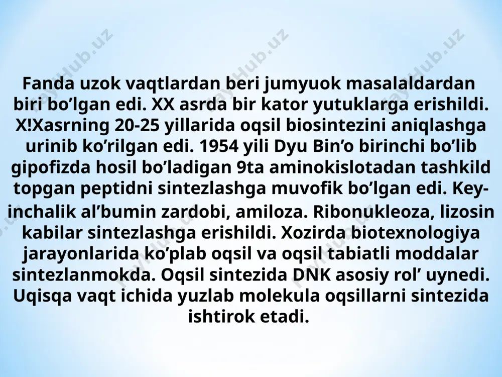 taxkamligini ta’minlasa, f3 - 805ta ribosomani 505 va 305 ribosomalarga ajratadi. bo’lardan tashqari uchlik (triplet) dan iborat boglanishni hosil bo’lishida trnk ning fermentioni aminokislotaning maxsus turi qatnashadi. ular trnk (antikadon), irnk (kadon) dan o’ziga mos keladigan nukleotidlarni kidirib va shularni topib unga boglangan ribosomani katta subbbirligiga boglanadi va oqsil zanjirini hosil qilish boshlanadi. elengasiya – boskichida ribosomaning maxsus q`ismida aminokislota bir – biriga ketma – ket birika boshlashi bilan davom etadi. aminokislotalarning uzlariga mos kelgan trnk ga birlashuvi rekoginasiya (mos kelishi) deb ataladi. terminasiya – sintezini tugallanishi bilan amalga oshadi. odatda bu axborotchini uaa, uag, uga terminasiya kadonlaridan biri amalga oshadi. oqsil biosintezida katalizatorlik rolini fermentlar bajaradi. biosintez fermentlar yordamida amalga oshadi. fermentlarsiz aminokislotalar rnk ga boglanmasligi isbotlangan. oqsil biosintezi uchun kerak bo’lgan energiyani atf ning parchalanishi reaksiyasi etkazib beradi. oqsil biosintezida atf dan olingan energiya xisobiga rning soon gruppasi boyigan aminokislotalarga kushiladi. natijada energiyasi ko’paygan aminokislota trnk ga birikadi. …