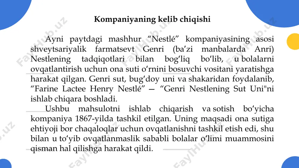 shi 1966-yilda yangi eriydigan kofe — tasterʼs choicepaydo boʻlishiga olib keldi. ishlab chiqarishning oʻsishi va assortimentining kengayishi nestlé kecha va bugun 90-yillarning birinchi yarmi nestlé uchun qulay davr boʻldi: savdo toʻsiqlari olib tashlandi va jahon bozorida integratsiya jarayonlari davom etdi. markaziy va sharqiy yevropaning, shuningdek, xitoyning ochilishi nestléʼga oʻz mahsulotlarini sotishning yangi usullarini taqdim etdi. nestlé xx asrni “ingliz-shveysar quyultirilgan sut kompaniyasi” mahsulot turlarini va geografik imkoniyatlarini kengaytirish bilan boshladi. kompaniya yangi ming yillikka 70 mamlakatdagi 500 dan ortiq fabrikalari va 71 milliard shveysariya frankidan iborat boʻlgan oziq-ovqat sanoatining ishonchli yetakchisi sifatida kirib keldi. budget to modify this graph, click on it, follow the link, change the data and paste the new graph here area 1 mercury is the smallest planet 10% area 3 saturn is a gas giant and has rings 40% area 2 jupiter is the biggest planet 30% area 4 earth is the planet we live on …