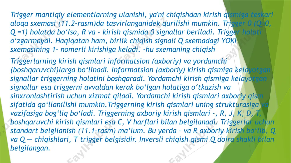 emasi. triggerlar.hisoblash qurilmalari.mantiqiy raqamli qurilmalar.eslab qoluvchi qurilmalar (eq).ishchi mashina va mexanizmlari ishlarini kompleks avtomatlashtirishdan kelib chiqqan holda, ularning eyu lariga qo‘yiladigan ko‘pgina talablarni raqamli boshqarish sxemalarigina bajara oladi. raqamli boshqarish sxemalari, eyu ishining tezkor va yuksak aniqlikda bajarilishi hamda ishonchli va kam energiya iste’mol qilishi bilan xarakterlidir. eyu ning raqamli boshqarish sxemasi tabiiy ravishda texnologik jarayonlarni boshqarishda qo‘llaniladigan ehm bilan uyg‘unlashib yagona avtomatlashtirilgan boshqarish tizimini tashkil etadi.ko‘pgina hollarda eyu larni boshqarishda aralash, raqamli – uzluksiz boshqarish sxemalarini qo‘llash maqsadga muvofiq bo‘ladi.eyu larda foydalaniladigan raqamli boshqarish vositalari quyidagi guruhlarga bo‘linadi: trigger. bu qurilma raqamli qurilmalar ichida eng ko‘p tarqalgan qurilma bo‘lib, ikkita turg‘un holatga ega va uning bir holatdan ikkinchi holatga sakrab o‘tishi tashqi boshqaruv signal ta’sirida amalga oshadi. triggerlardan foydalanilgan holda turli mantiqiy va hisoblash qurilmalari, generatorlar va xotira qurilmalari yaratish mumkin.trigger ikkita ham – yoki mantiqiy elementlaridan iborat bo‘lib (14.1a – rasm), quyidagi ravishda ishlaydi. uning kirish qismiga x1 …