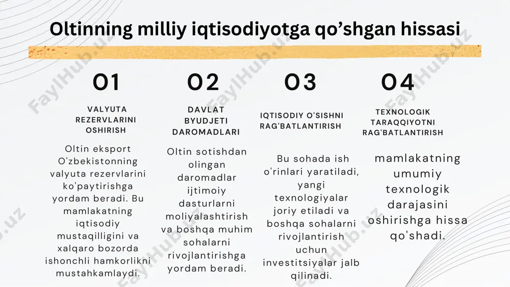 jlanish • xavfli ish sharoitlari • sog'liqni saqlash muammolari • ijtimoiy muammolar • ekologik muammolar • iqtisodiy ta'sir ishchilarga yaratilgan qulayliklar 1. iq ti so d iy fo yd a 2. in fr at u zi lm an i ri vo jla n ti ri sh 3. in n o va ts iy al ar v a te xn o lo gi ya la r 4 . t u ri zm im ko n iy at la ri oltin qazib olish o‘zbekiston iqtisodiyotiga katta hissa qo‘shadi. oltin eksporti davlat budjetiga kirimlarni oshiradi, bu esa ijtimoiy va infratuzilma loyihalarini moliyalashtirishga yordam beradi oltin qazib olish uchun zarur bo‘lgan infratuzilma (yo‘llar, elektr tarmoqlari) mahalliy aholi uchun ham foydali bo‘lishi mumkin. misol uchun, qazish ishlari olib boriladigan hududlarda yangi yo‘llar va transport tizimlari qurilishi. oltin qazib olish sohasida zamonaviy texnologiyalarni joriy etish orqali mahalliy mutaxassislar malakasini oshirish va yangi bilimlar olish imkoniyatlari paydo …
