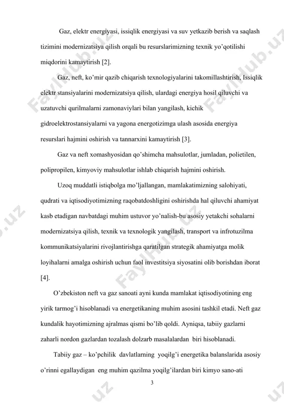 h, texnik va texnalogik qayta jihozlash bo’yicha tarmoq dasturlarini amalga oshirish ko’zda tutilmoqda. 2012 yilda jamg’arma chet ellik investorlar bilan hamkorlikda ustyurt gkk qurilishi, sho’rtan gkkda sintetik suyuq yoqilg’i ishlab chiqarishni tashkil etish, “muborak gazni qayta ishlash zavodi” unitar sho’ba korxonasida gaz-kimyo kompleksini ishga tushirish, tollimarjon ies quvvatini oshirish loyihalarini moliyalashtirishda ishtirok etadi. ma’lumki, asosiy yuqori temperaturali jarayonlar sanoat pechlarida amalgam oshiriladi. bu pechlar o’zlarining turli ko’rsatgichlariga asosan turlarga ya’ni sanoat tarmoqlarida ishlatilishiga ko’ra isitish usuliga ko’ra texnologik vazifasiga ko’ra xomashyolar bilan to’ldirish usuliga ko’ra. mamlakatimizda yoqilg’i-energetika resurslaridan foydalanish samaradorligini oshirish uchun quyidagi yo’nalishlarda chora-tadbirlar amalga oshirishga ustuvor ahamiyat berilmoqda: gaz, elektr energiyasi, issiqlik energiyasi va suv yetkazib berish va saqlash tizimini modernizatsiya qilish orqali bu resurslarimizning texnik yo’qotilishi miqdorini kamaytirish [2]. gaz, neft, ko’mir qazib chiqarish texnologiyalarini takomillashtirish, issiqlik elektr stansiyalarini modernizatsiya qilish, ulardagi energiya hosil qiluvchi va uzatuvchi qurilmalarni zamonaviylari bilan yangilash, kichik gidroelektrostansiyalarni va yagona energotizimga ulash …