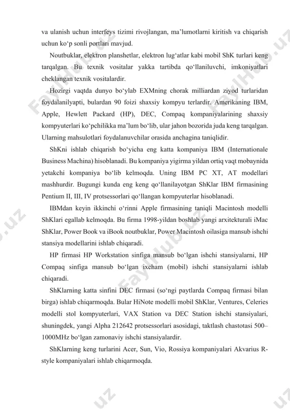 n va dec station ishchi stansiyalari, shuningdek, yangi alpha 212642 protsessorlari asosidagi, taktlash chastotasi 500–1000mhz bo‘lgan zamonaviy ishchi stansiyalardir. shklarning keng turlarini acer, sun, vio, rossiya kompaniyalari akvarius r-style kompaniyalari ishlab chiqarmoqda. 2. kompyuterlarning asosiy texnik ko‘rsatkichlari samaradorlik. bu ko‘rsatkich taktlash chastotasi (hz) va tezkorlik (operatsiya/s) kabi texnik ko‘rsatkichlari bilan uzviy bog‘liq. kompyuter rivojlanishining dastlabki davrida iqtisodiy, muhandisli-texnik, matematik kabi turli masalalar uchun unumdorlikni baholashning o‘rtacha qiymati olinar edi. haqiqiy tezlik ko‘rsatkichlarini aniqlash bo‘yicha maxsus testlar mavjud bo‘lgan va hozir ham mavjuddir. so‘ngi paytlarda unumdorlik ko‘rsatkichining o‘lchov birlik sifatida sekundiga million operatsiya bajarishidan foydalana boshlashgan: · mips (mips – millions instruction per second – sekundiga million buyruq) – qayd qilingan vergulli ko‘rinishdagi sonlar ustidagi operatsiyalar uchun; · mflops (mflopc – millions of floating point operation per second) – suzuvchi vergulli ko‘rinishdagi sonlar ustidagi operatsiyalar uchun; · gflops (gflops – gigaflops) – qayd qilingan vergulli ko‘rinishdagi sonlar ustida sekundiga milliard operatsiyalar …